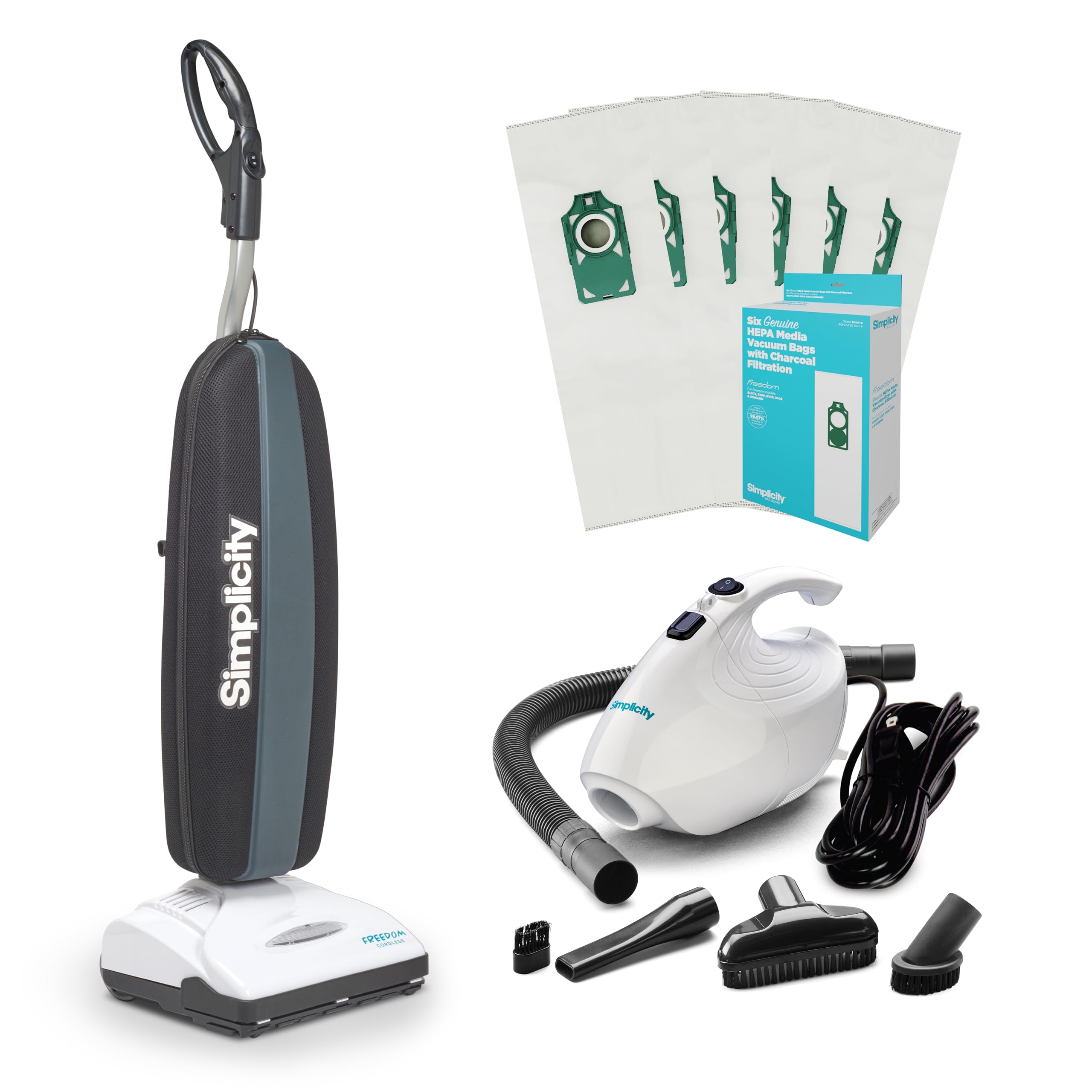 Simplicity Vacuums Ultimate Clean Bundle Freedom Cordless Upright with HEPA Media Bag Set Flash Mini Handheld Lightweight Vacuum