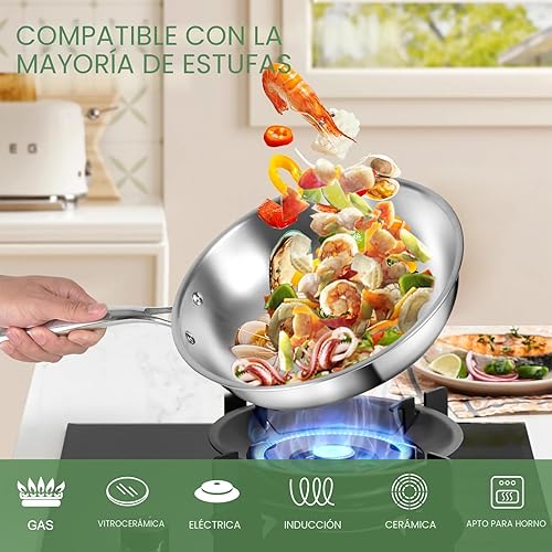 Miniatura 7 de Juego de utensilios de cocina de acero inoxidable de 3 capas de 11 piezas con tapas, ollas y sartenes, no tóxico, inducción, horno, apto para