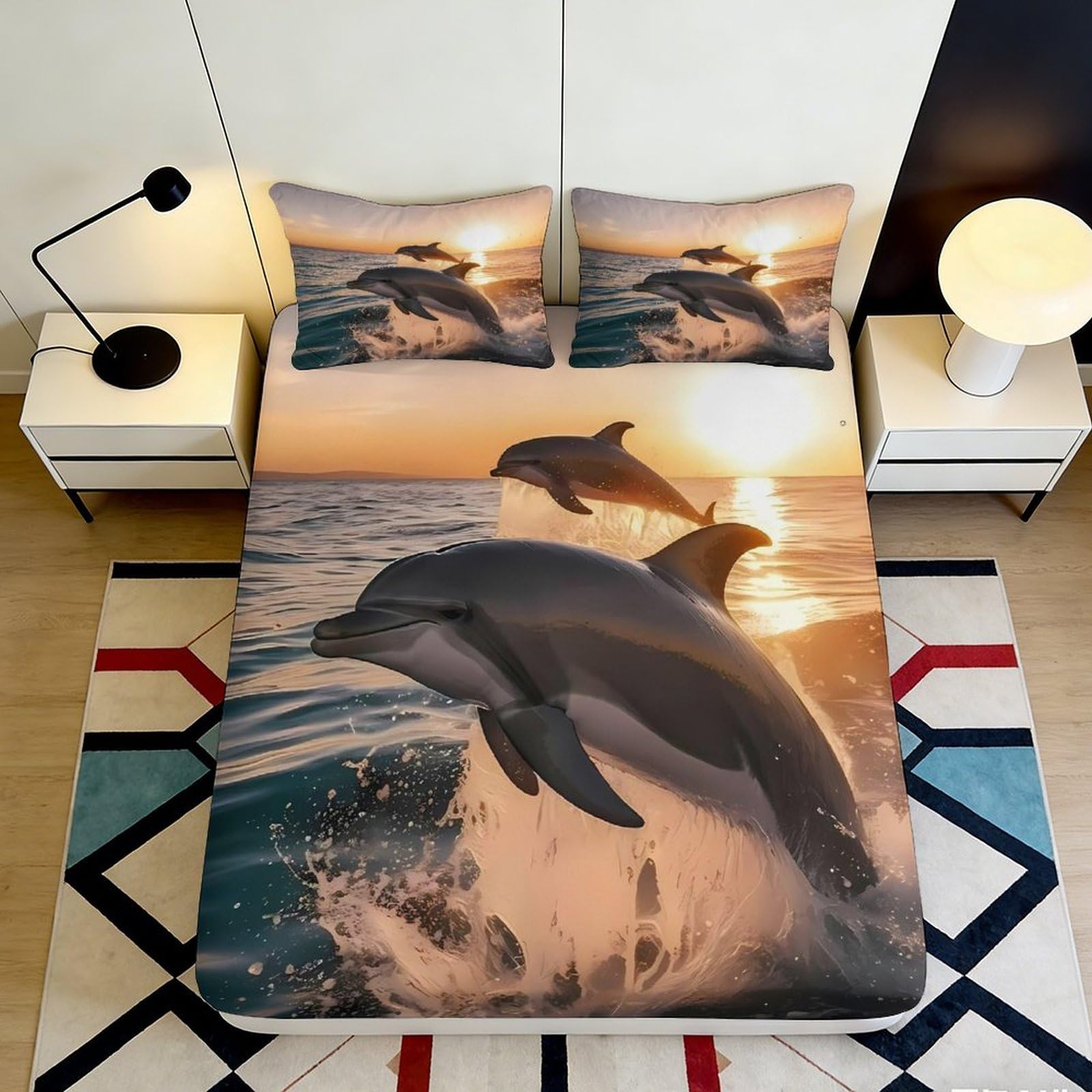 3D Printed Dolphin Ocean Fitted Sheet Microfiber Soft Breathable Sunset Sea Mattress Cover for Bedroom Dormitory Guest Room Protection Decoration 200x200x25cm