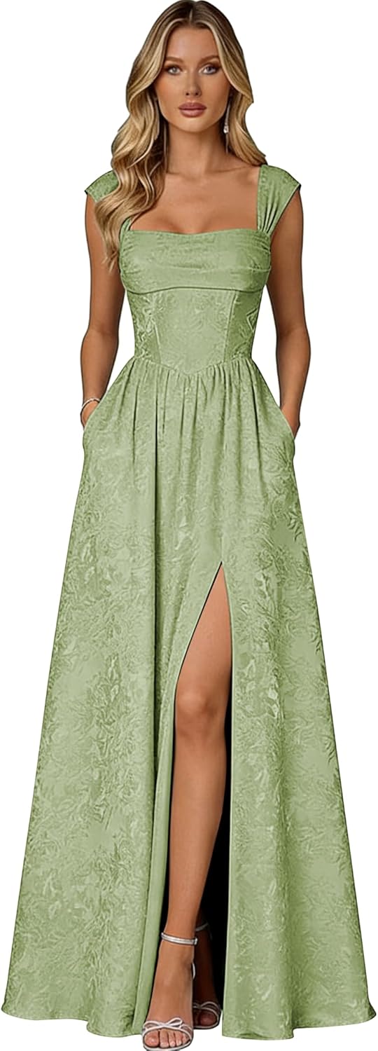 Cap Sleeve Jacquard Prom Dresses for Women 2026 Floral Satin Long Formal Evening Dress with Slit