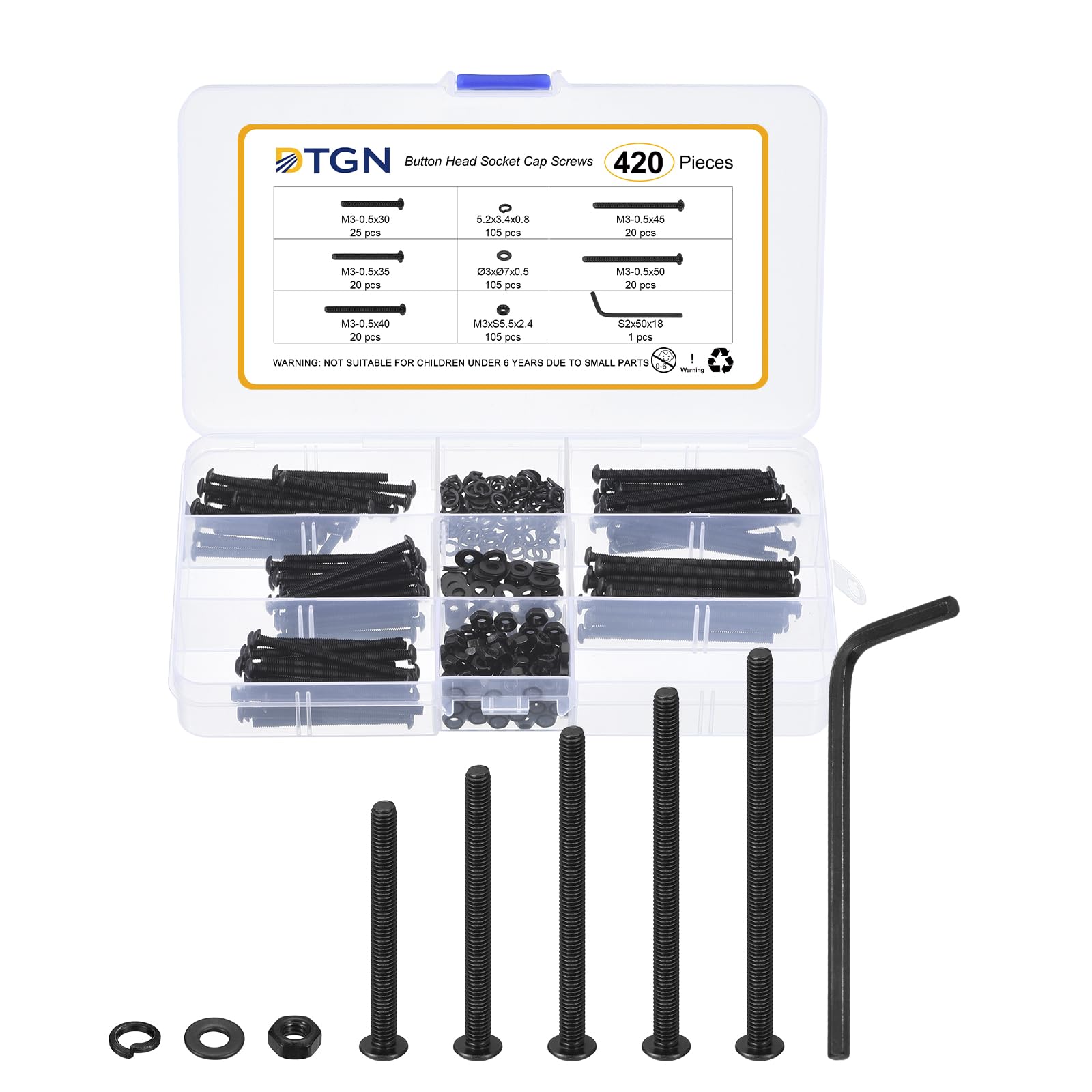 DTGN 420Pcs M3-0.5x30/35/40/45/50mm Button Head Socket Cap Screws, Carbon Steel Bolt Nut Set Washer Assortment Kit & Wrench