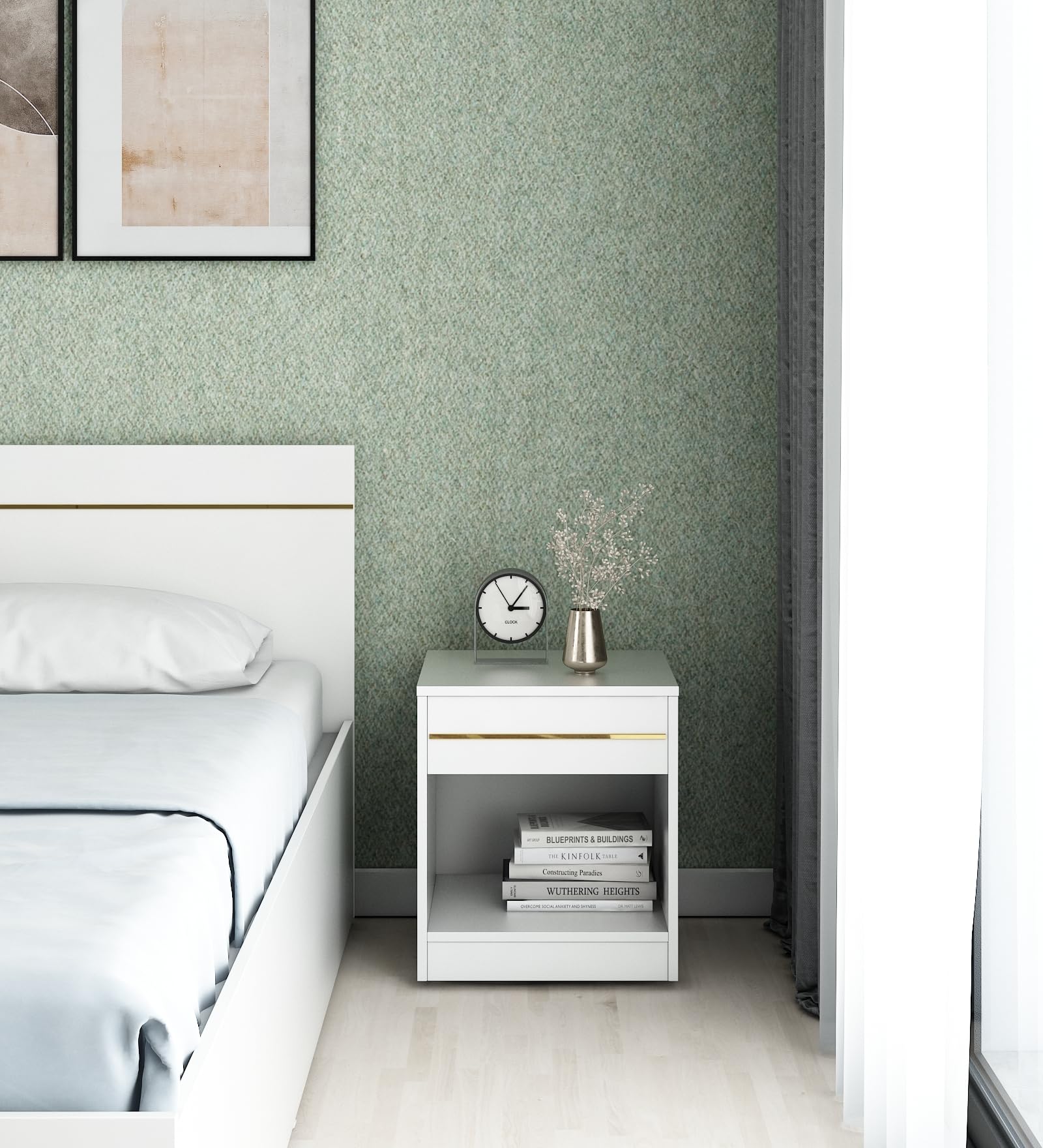 A GLOBIA CREATIONS Kane Bedside Table Engineered Wood | Frosty White Finish | Space-Saving & Sturdy | Open Storage | Knock-Down Assembly | 15 kg Load Capacity-picture-16