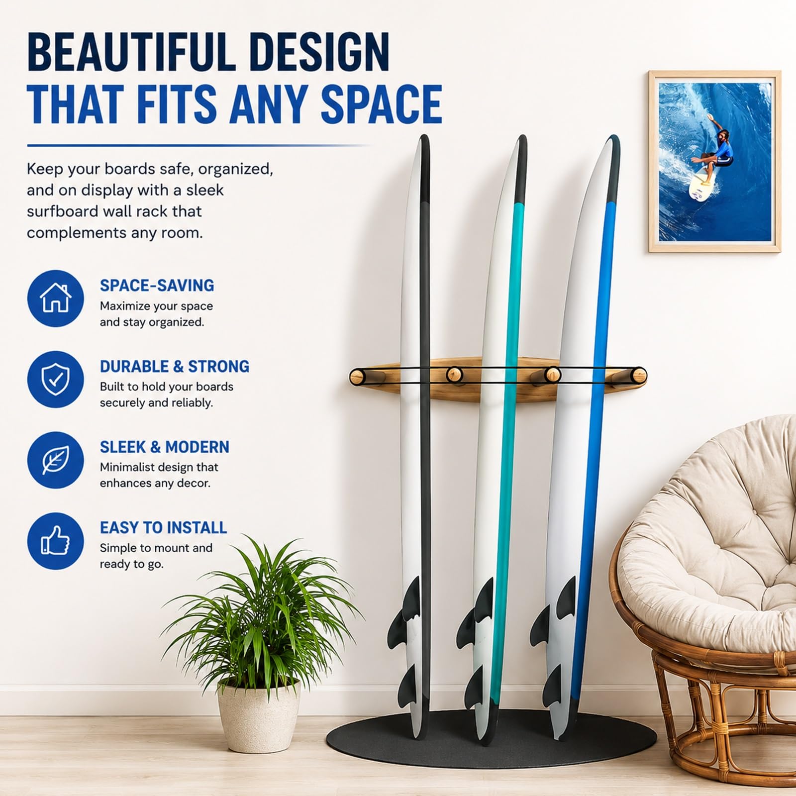 Soporte Vertical for Tabla de Surf, 4 Brazos (3 a 4 Tablas), Madera Dura Sostenible, Soporte de Pared for Surfboard for Shortboard, Skateboard y Wakeboard