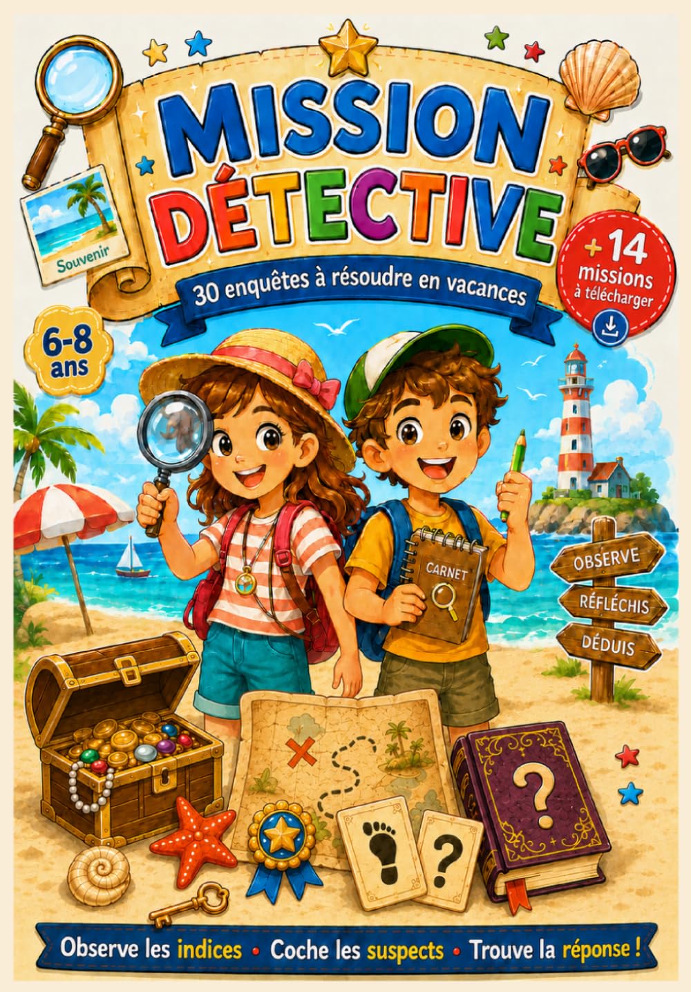 Mission Détective : 30 enquêtes à résoudre en vacances pour enfants de 6 à 8 ans + 14 missions mystères bonus à télécharger: Observe les indices, Coche les suspects, Trouve la réponse !