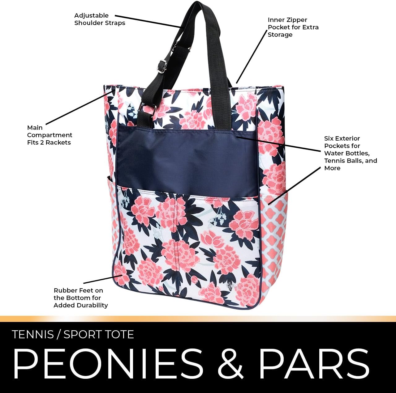 Glove It Tennis Tote Bag, Tennis Bag for Women, Ladies Sports Shoulder Bag, Large Tote with 6 Pockets, fits 2 Rackets.