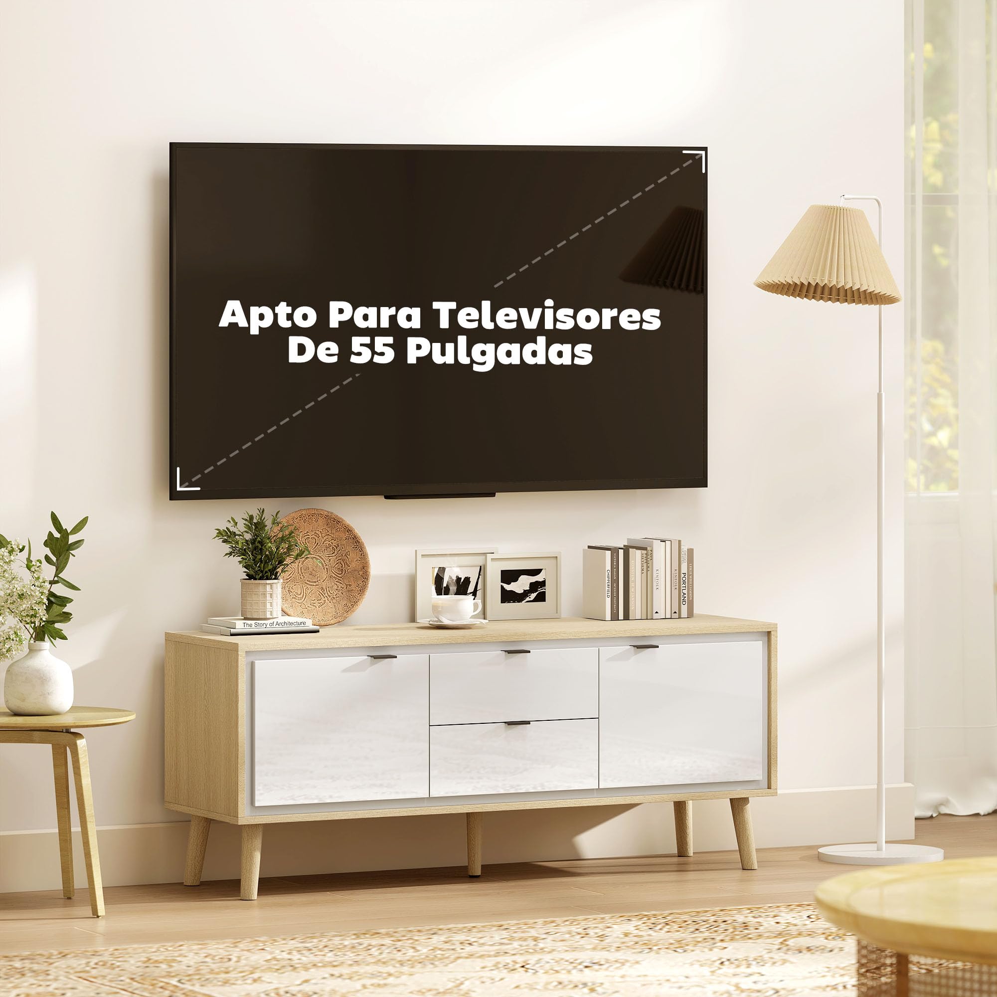 HOMCOM Mueble de TV Moderno de 2 Puertas 120x35x50 cm Blanco Brillo y Roble | Mesa TV para Salón con 2 Cajones, Orificios Pasacables, Estantes Extraíbles y Ajustables, para Televisión 55 Pulgadas