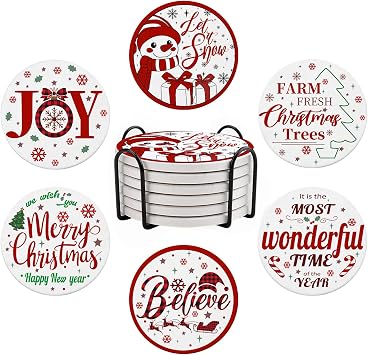 Christmas Coasters Set of 6, Round Ceramic Xmas Coasters with Cork Base and Metal Holder, Non-Slip Tabletop Protection Mat for Mugs Cups Coaster