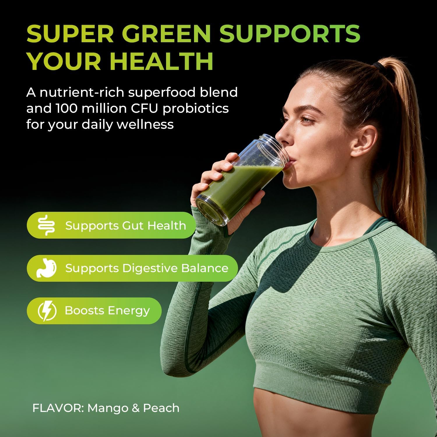 OxyEnergy Super Greens Powder, 40+ Superfoods, 0 Suger, 3g Fiber, Spirulina, Chlorella, Prebiotics+Probiotics, Digestive Enzymes, Gut and Digestive Health, Peach Mango, 30 Packets Drink Mix