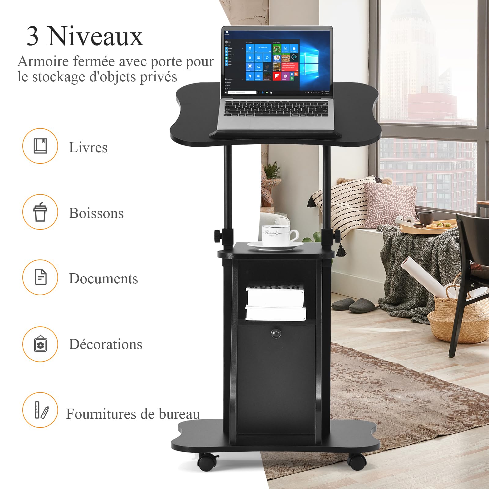 RELAX4LIFE Bureau Informatique avec 2 Tiroirs, Tablette Imprimante et Tablette à Clavier, Table d'Ordinateur 120 x 55 x 85 CM, Noir - Maison