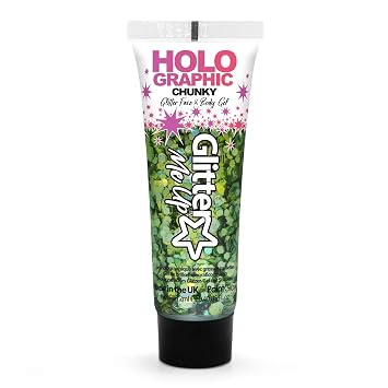 Holographic Chunky Glitter face and Body gels 12ml by PaintGlow Vegan Cosmetic face Glitter, Body Glitter, Hair Glitter, pre-Mixed in fix Gel, Glitter face Gel, Body Glitter gels Green Envy