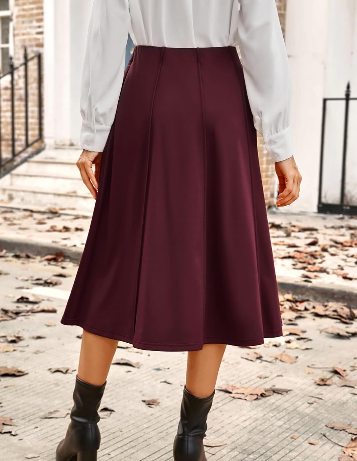 Kate Kasin Women's Pleated Midi Skirt 2025 Fall High Waisted Knee Length Flowy A Line Swing Casual Flared Skirts with Pockets - Image 2