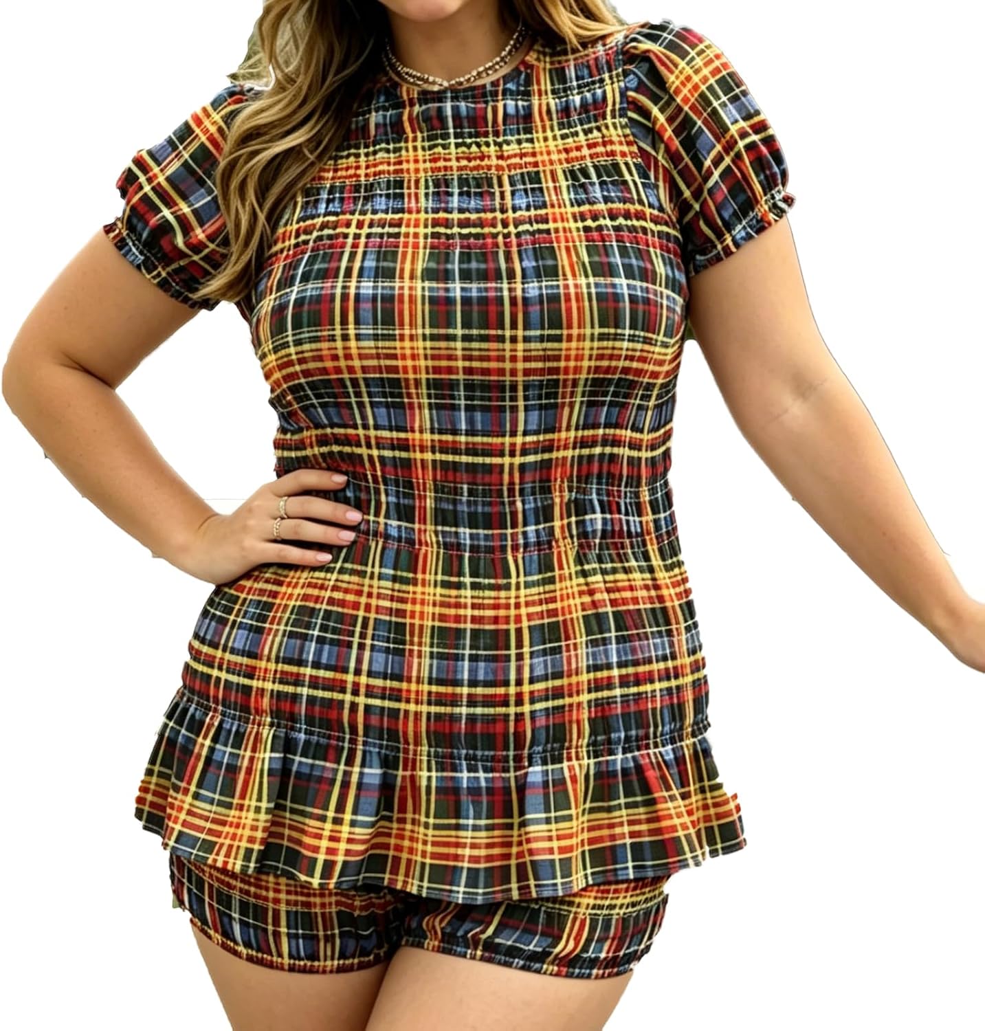 Womens Plus Size Shorts Outfit Casual Slim Fit Plaid Crew Neck Short Sleeve Tops and Shorts 2 Pcs Set