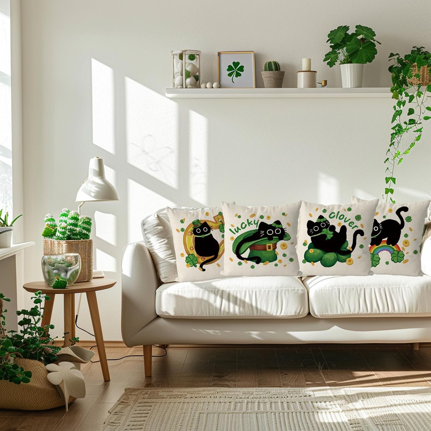 St Patricks Day Pillow Covers 18x18 Inch Set of 4 Black Cat Decor Throw Pillowcase Happy St. Patrick's Day Cushion Case for Home Sofa Living Room Decor - Image 6