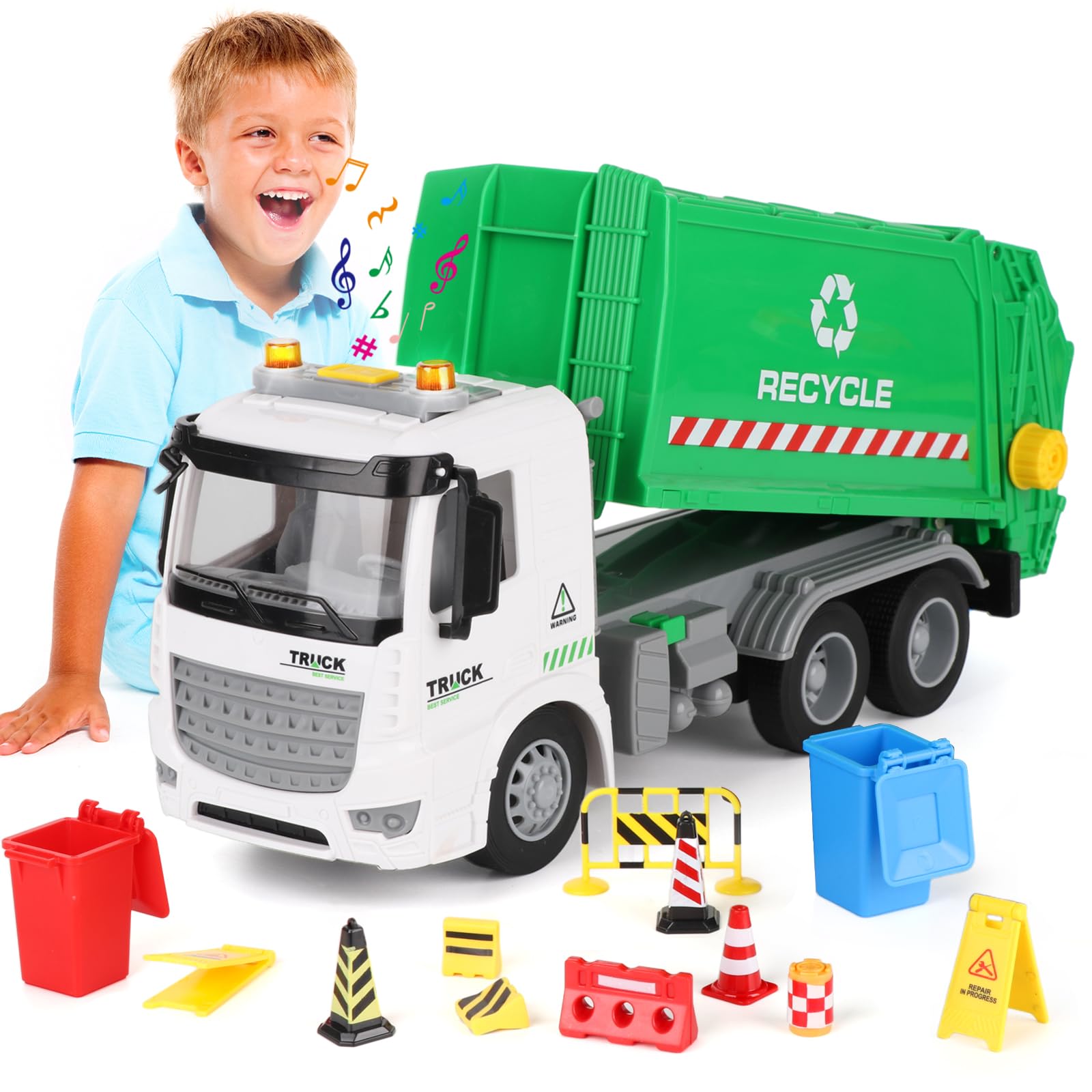 11.8" Mini Garbage Truck Toy, Trash Truck Toy with Dumping Function, Friction Powered, Sound and Lights for Age 3-7 Years Old Boys Girls Birthday Gifts