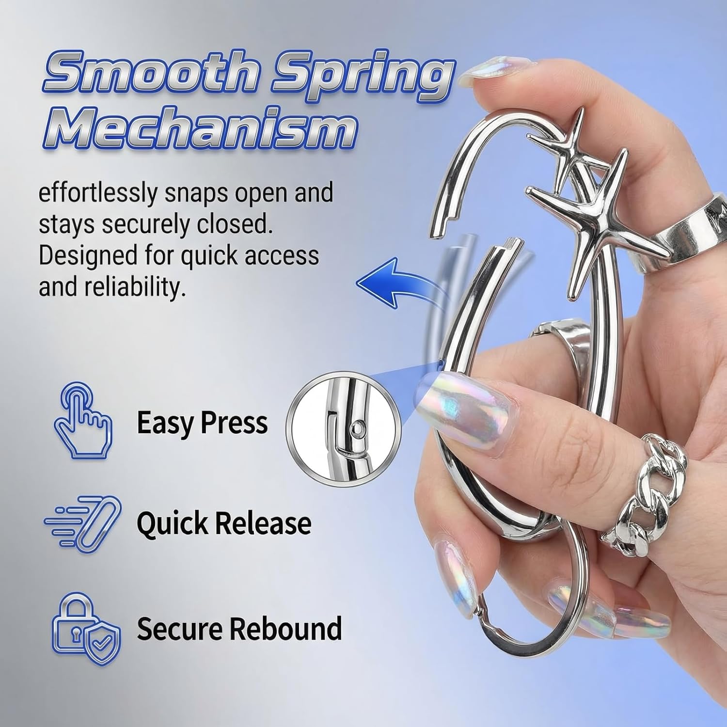 2 Pack Y2K Cute Star Carabiner Keychain, Chrome Silver Key Ring, Shiny Alloy Star Clip for Car Keys, Backpack, Purse, Bag Charms, DIY Accessories , Stylish Carabiner for Everyday Use (Small+Large) - Image 4