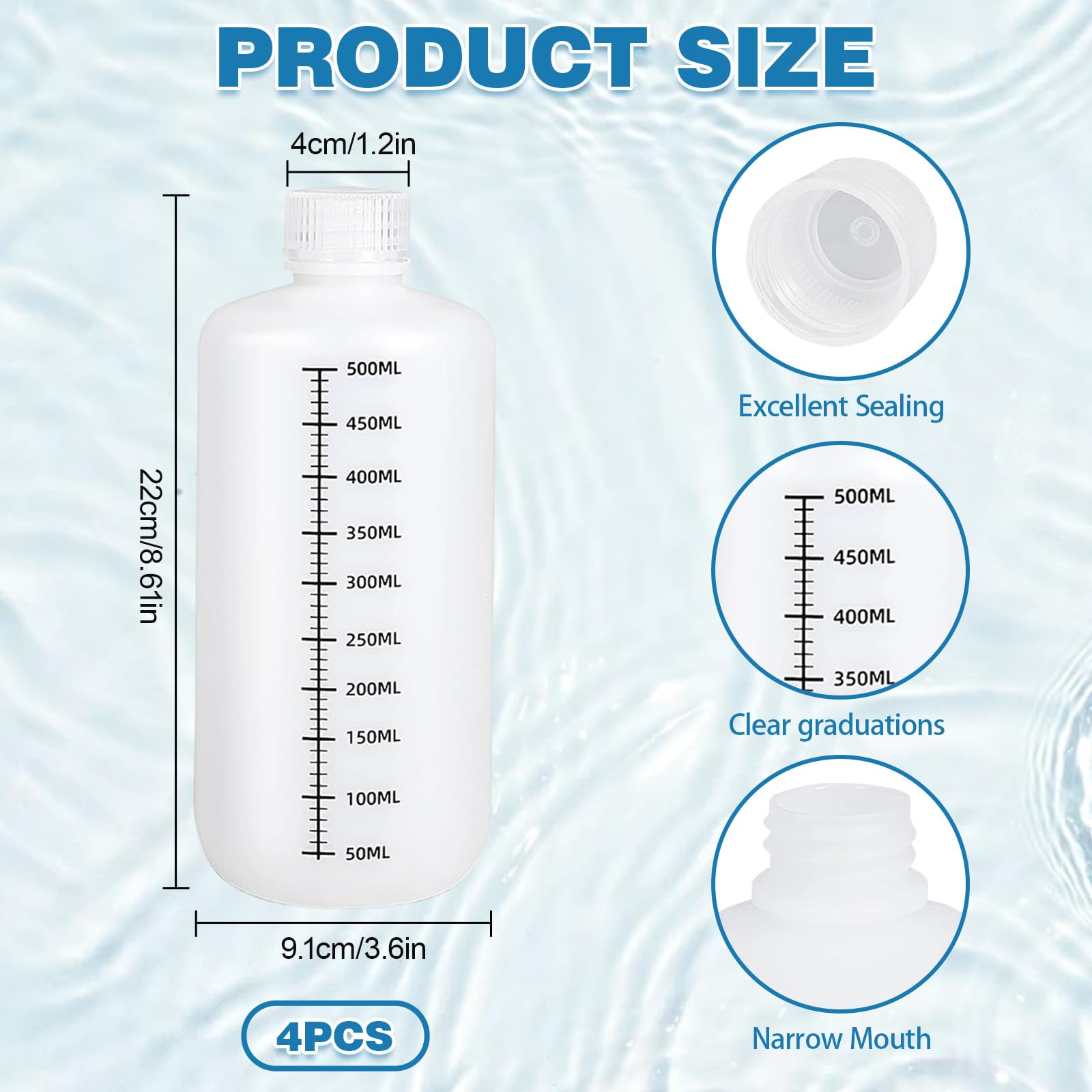 HDPE-Reagenzflaschen -500 ML Laborqualität Flüssigkeits-Aufbewahrungsflaschen, 4 Stück schmalhalsige Kunststoffflaschen mit dichtschließendem Deckel, chemikalienbeständig