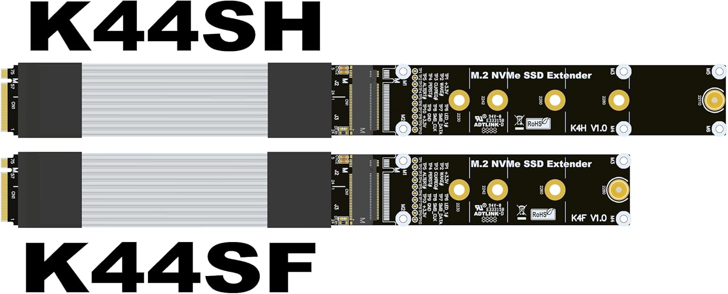 ADTLINK Pcie 4.0 x4 M.2 NVMe M-Key SSD Falt Extension Riser Cable with Metal Shield 22110/2280 (20cm, K44SF)