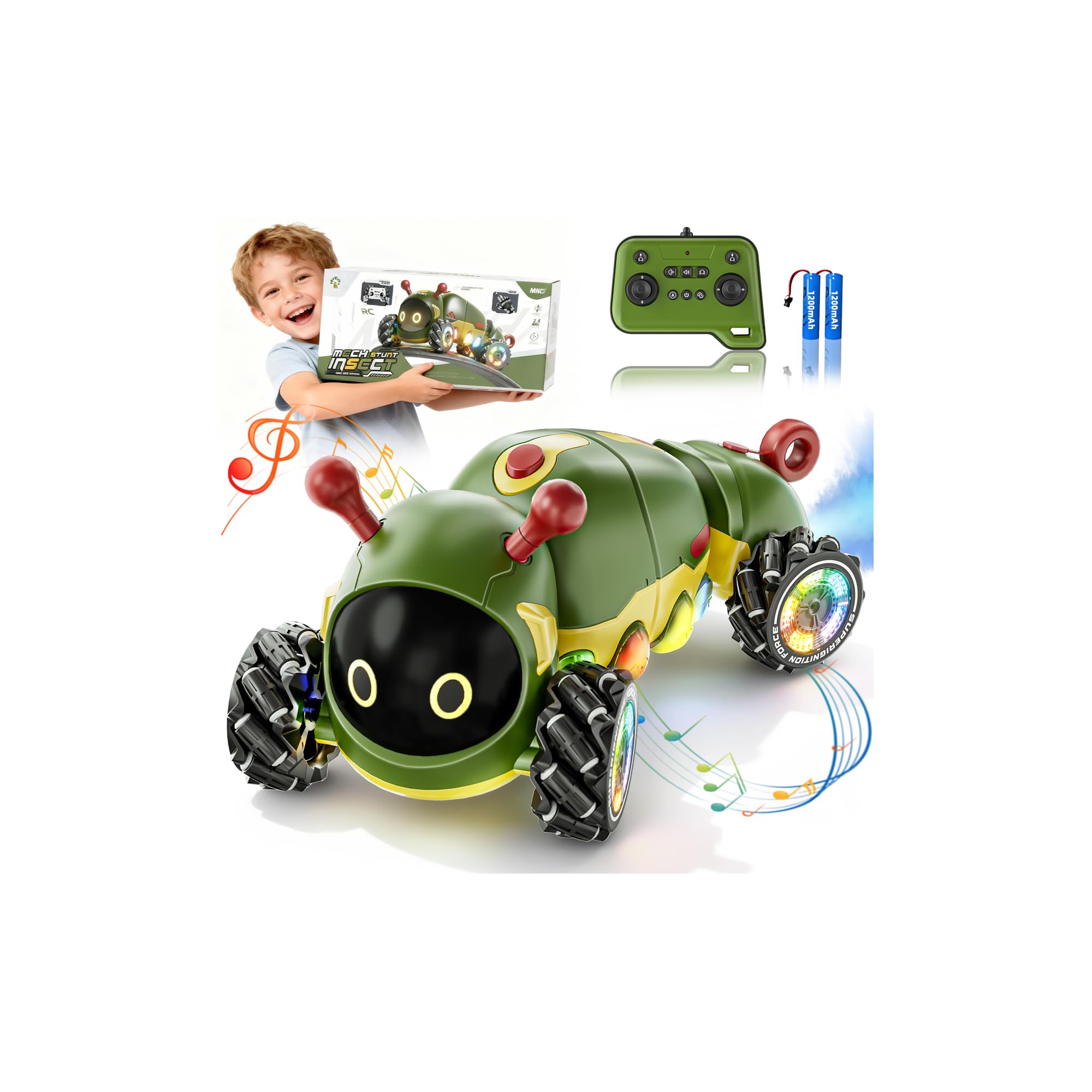 Kssvzz Samochód zdalnie sterowany Kssvzz, monster truck RC 2,4 GHz z muzyką/spryskiwaczem, samochody RC 4DW do akrobacji, interaktywne zabawki-owady, prezenty świąteczne dla dzieci w wieku 3–10 lat