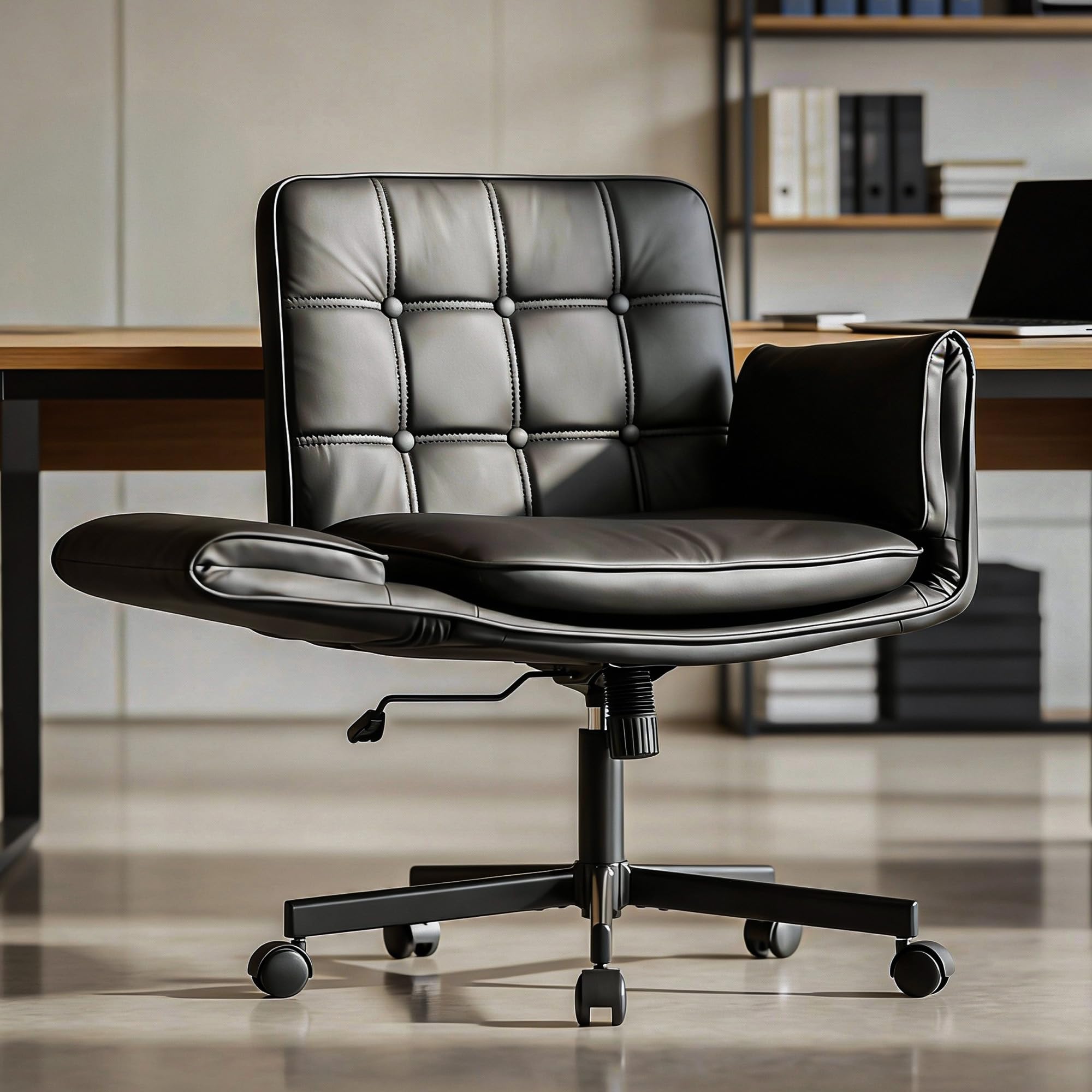 DROGO Zen Atora Ergonomic Criss Cross Legged Office Chair for Work with 5 Gear Armrest & Wide Thick Cushion Seat | PU Leather Computer Chair with Adjustable Height, Recline & Heavy Metal Base (Black)-image-35