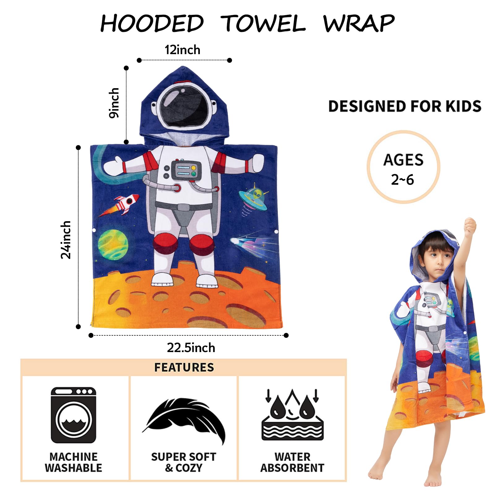 Toalla con capucha de algodón 100% para niños pequeños de 2 a 6 años, niños, niñas, baño, piscina, playa, poncho de playa absorbente y suave, pequeño astronauta