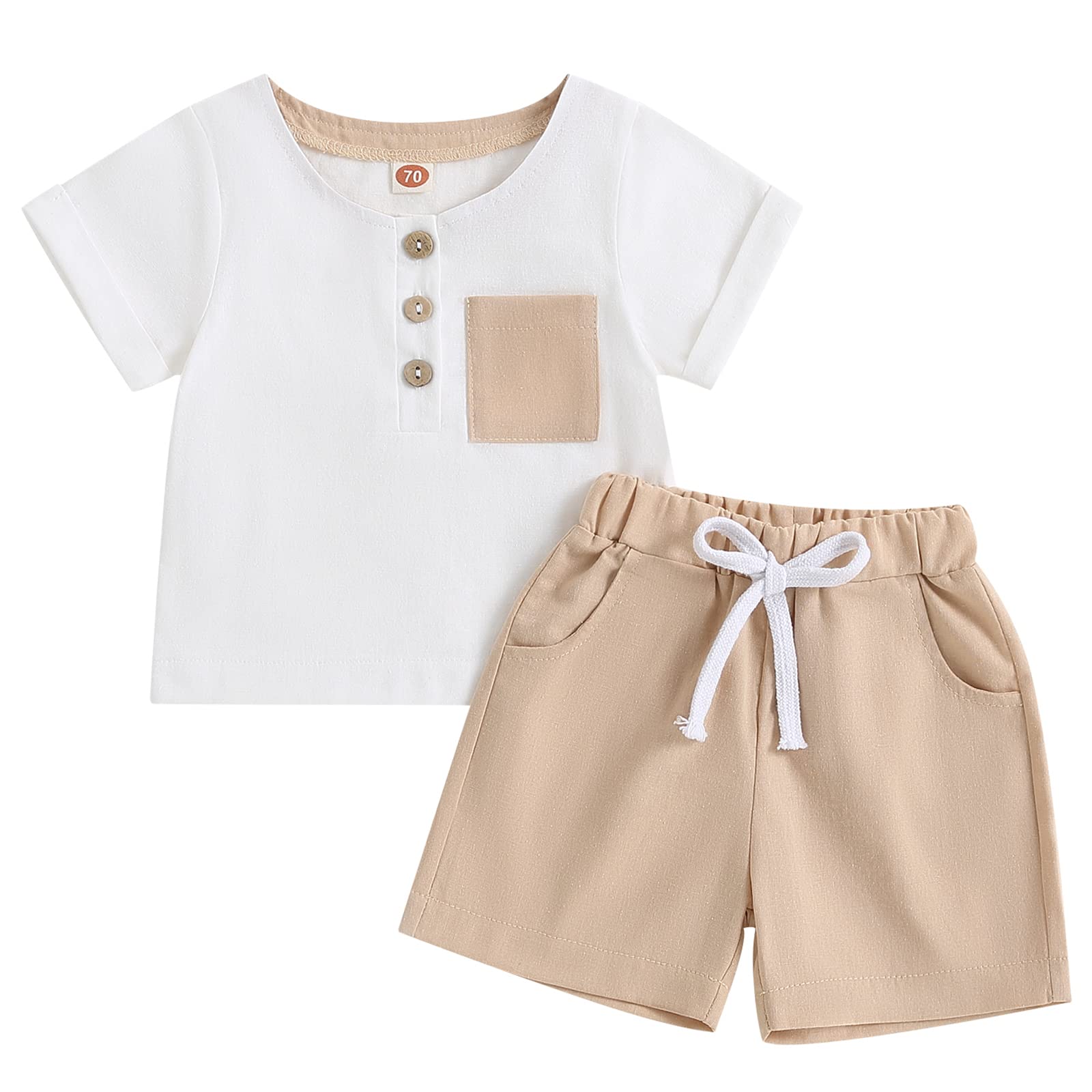 Toddler Baby Boys Cotton Linen Outfit Short Sleeve Pullover T-Shirt Top and Shorts Set Summer Clothes (Beige, 2-3 Years)