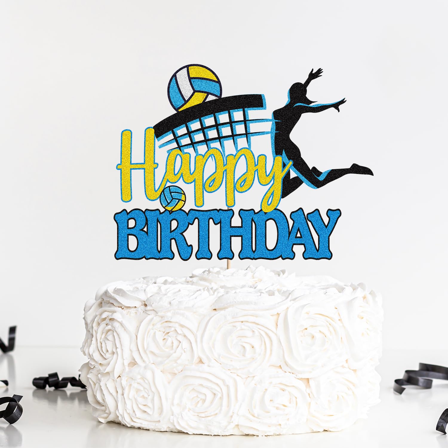 Volleyball Birthday Cake Topper - Glitter Purple & Gold, Sports Theme Cake Decoration, 5.7 Inch, Food Safe