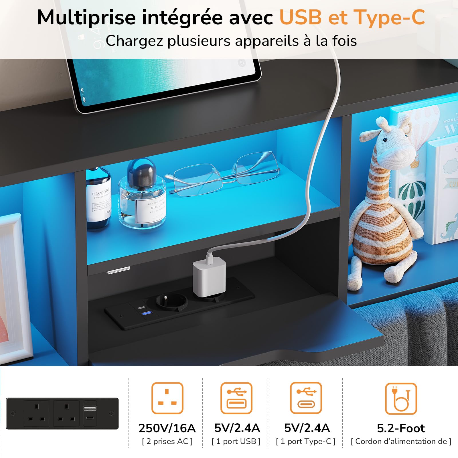 DICTAC Lit Coffre 90x200 Entièrement Rembourré 90x200 Gris avec Rangement – Sommier Relevable à Vérin, Tête de lit LED & Prises USB/Type-C – pour Enfant, Ado, Adulte