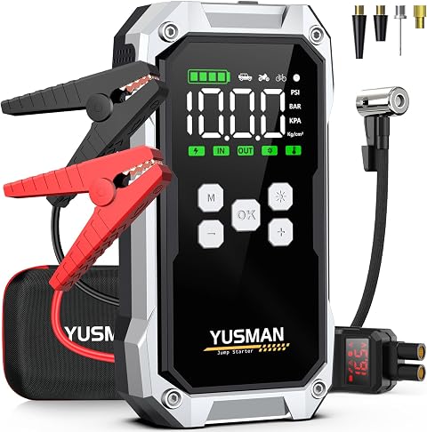 YUSMAN Arrancador de Baterias de Coche con Compresor de Aire, 12V 9000A Arrancador Coche Portatil con Inflador de 160 PSI (para All Gasolina o 12.0L Diesel), Linterna LED de Emergencia