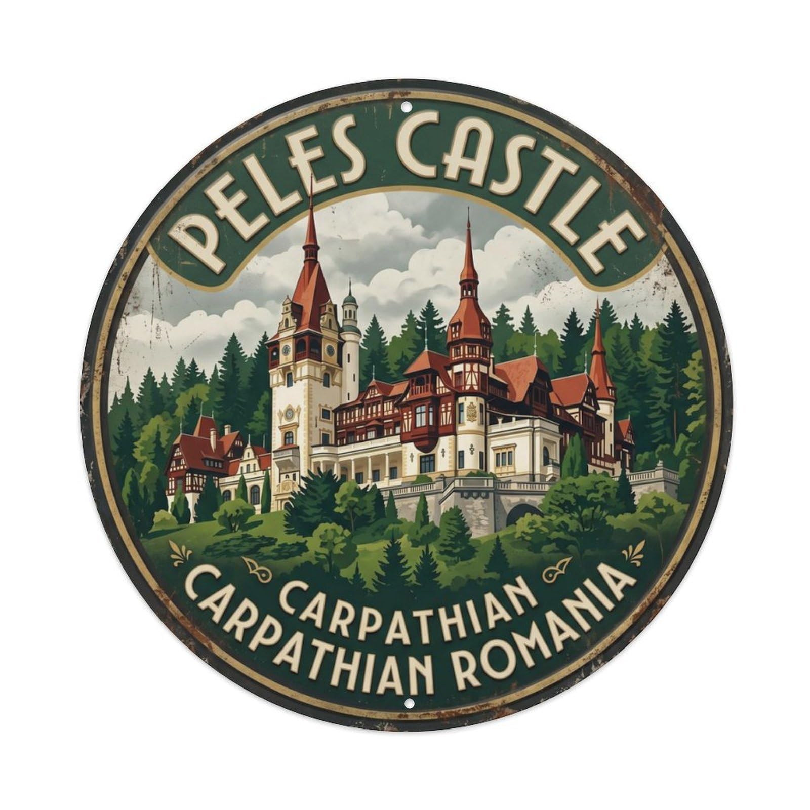 Peles Castle Carpathian Romania Palace Metal Tin Sign Plaque Wall Decor for Cafe, Club Bar, Office, Home Garden Round Metal Poster 8x8Inch