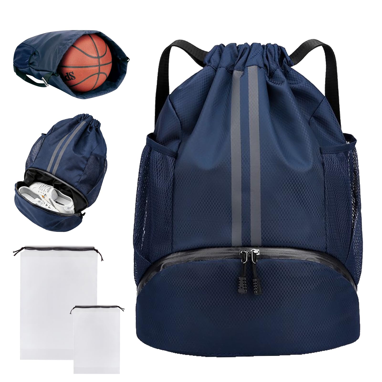 PE Drawstring Bags, Waterproof Unisex Swimming Sport Gym Dark Blue Backpack
