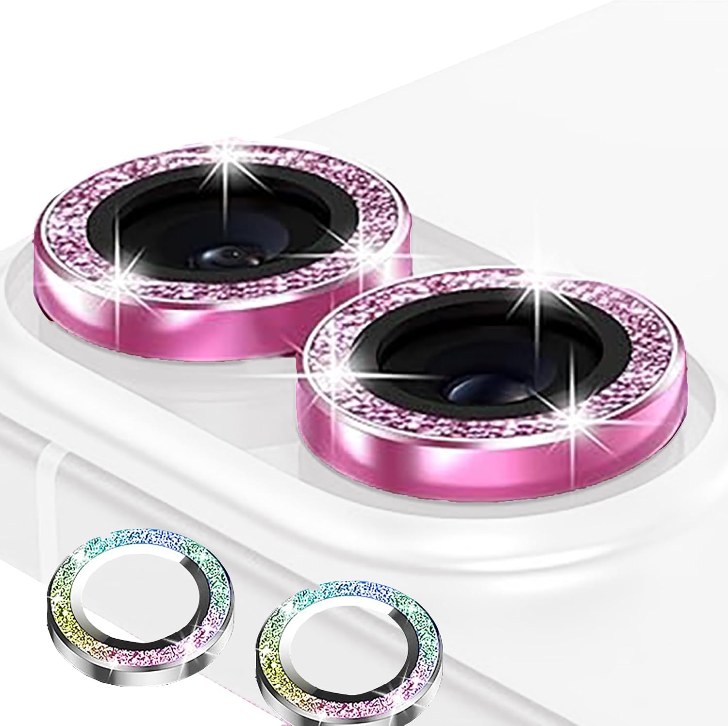 4 Pack for iPhone 16/16 Plus Camera Lens Protector, Sparkle Pink and Multicolor Waterproof Protection, Tempered Glass Camera Cover Shield