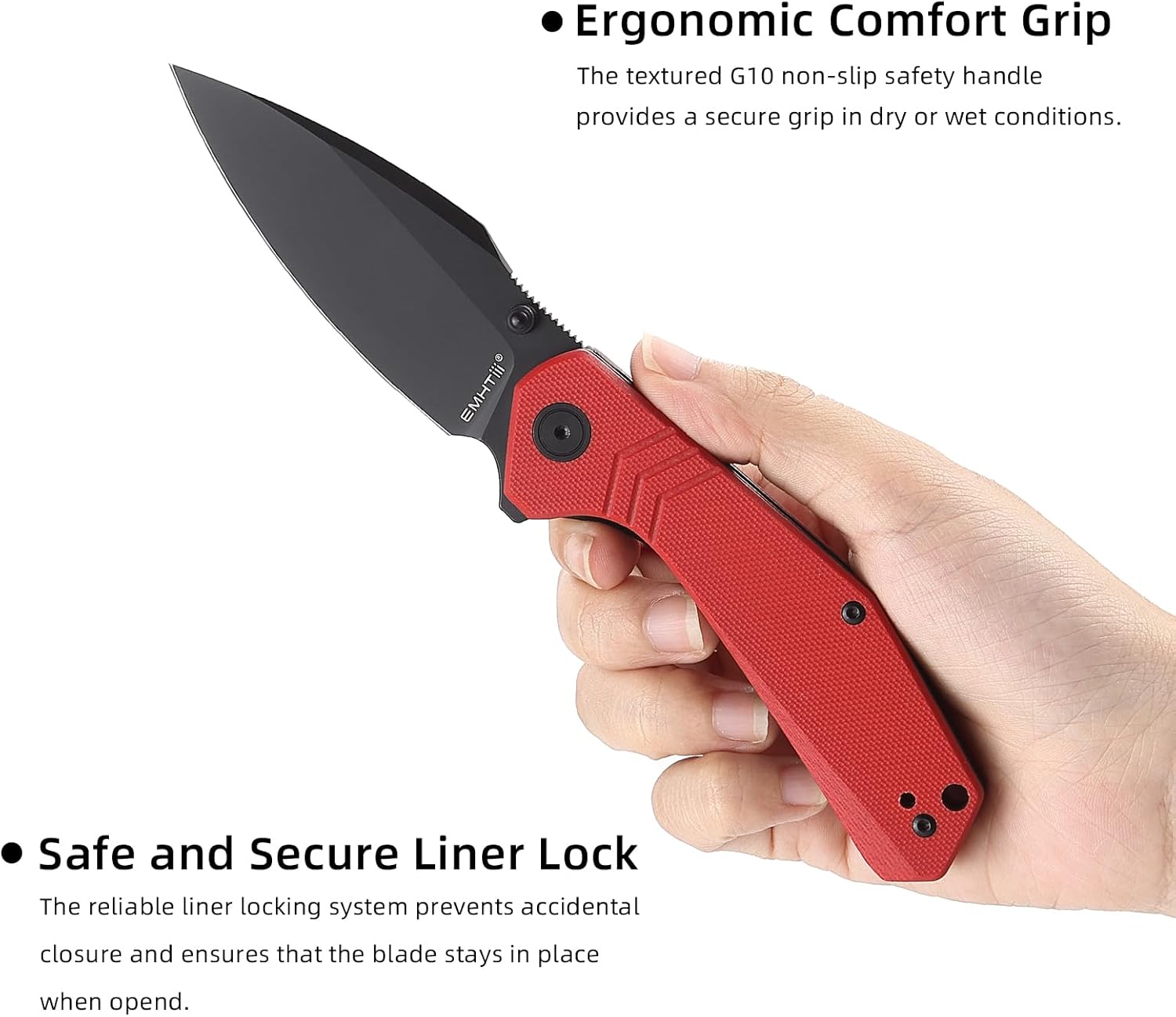 EDC Folding Pocket Knife - D2 Steel Drop Point Black Blade, G10 Handle Scales with Liner Lock, Reversible Clip, Lightweight Outdoor Utility Tool E029, Red