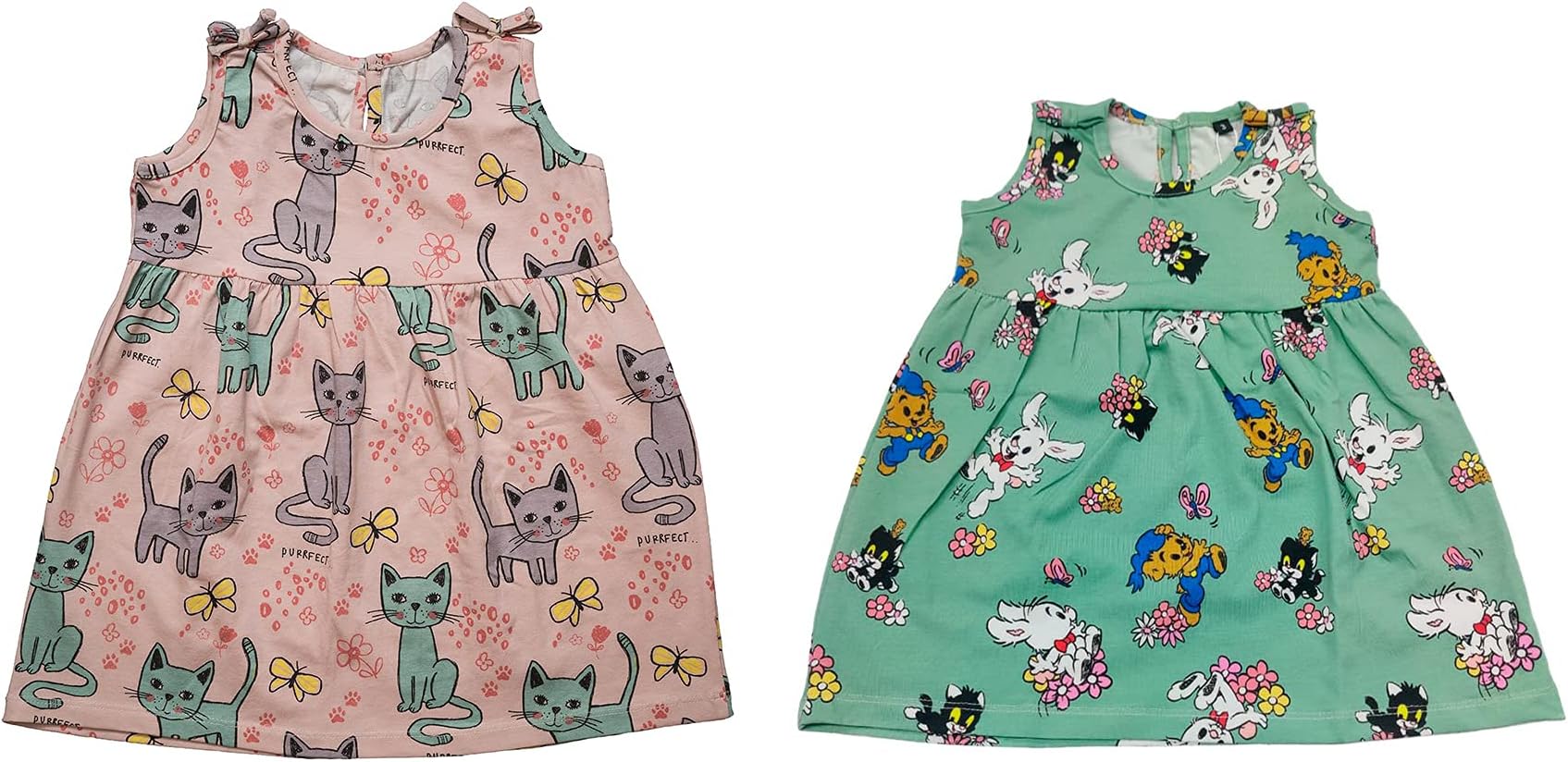 Toddler Tales Baby Girls Fit & Flare Cotton Kitty Cuddles & My Bear Friend Midi Sleeveless Dress (Combo of 2) (Pink & Green) (Tt183_Tt189_P)