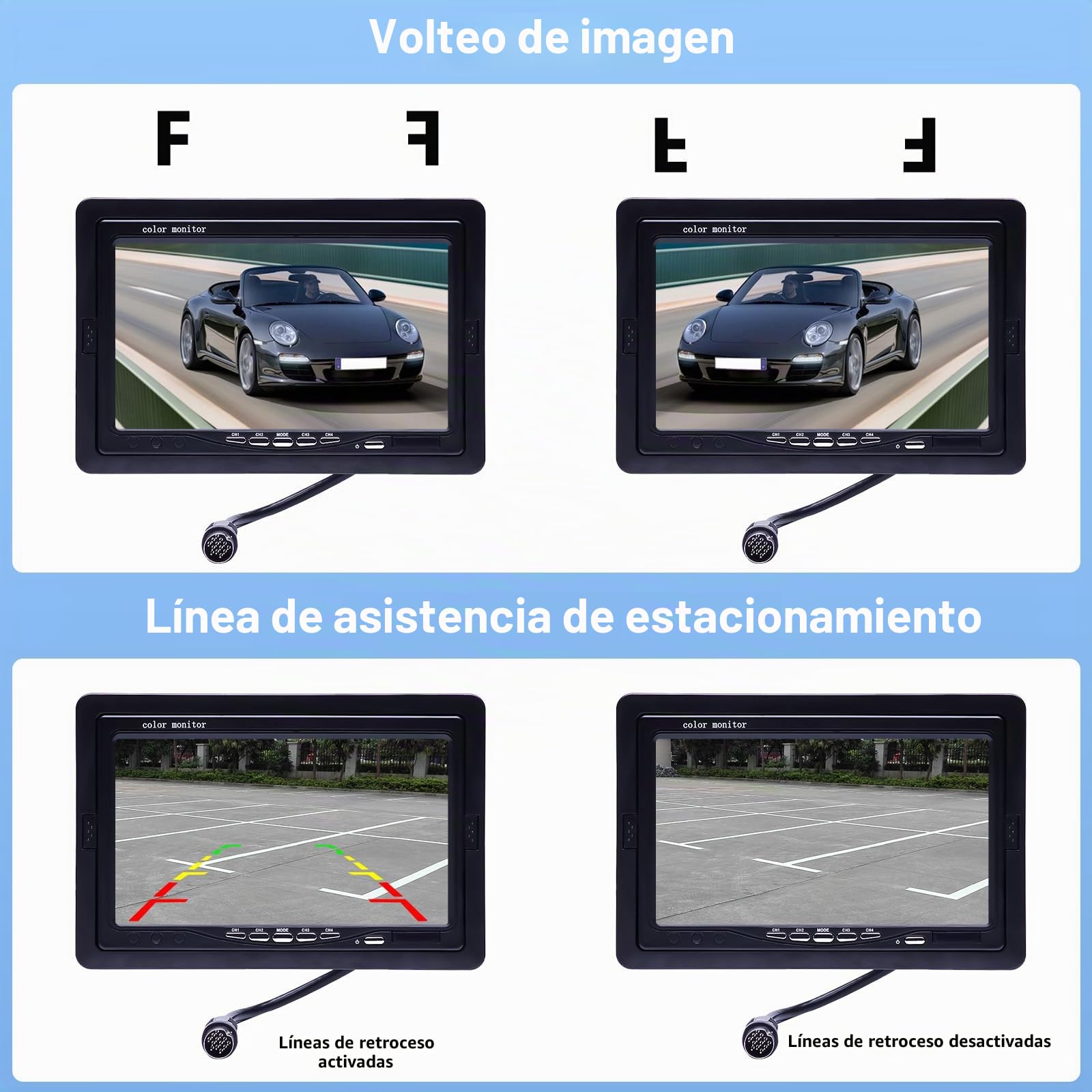 CAMECHO Cámara de Marcha Atrás con Pantalla de 7 Pulgadas 4 Split Monitor+ 2 Vision Nocturna Impermeable Cámara Trasera+ 4 Pines 33 ft Aviación Cables para Coche/RV/Autobús/Remolque(12V-24V)