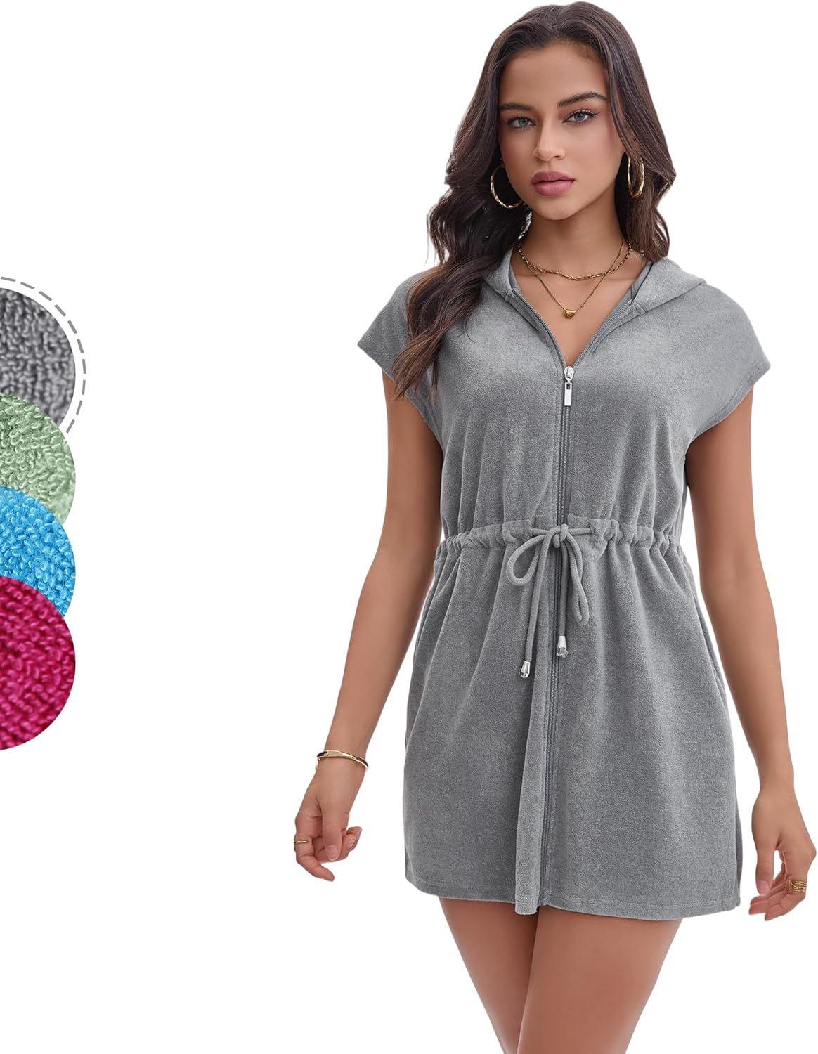 Navisting Terry Cloth Swim Cover Up for Women UPF 50+ Hooded Beach Swimsuits Cotton Robes Cover-up with Zipper Pockets Sun Protection Beach Swimwear Charcoal Gray 2XL