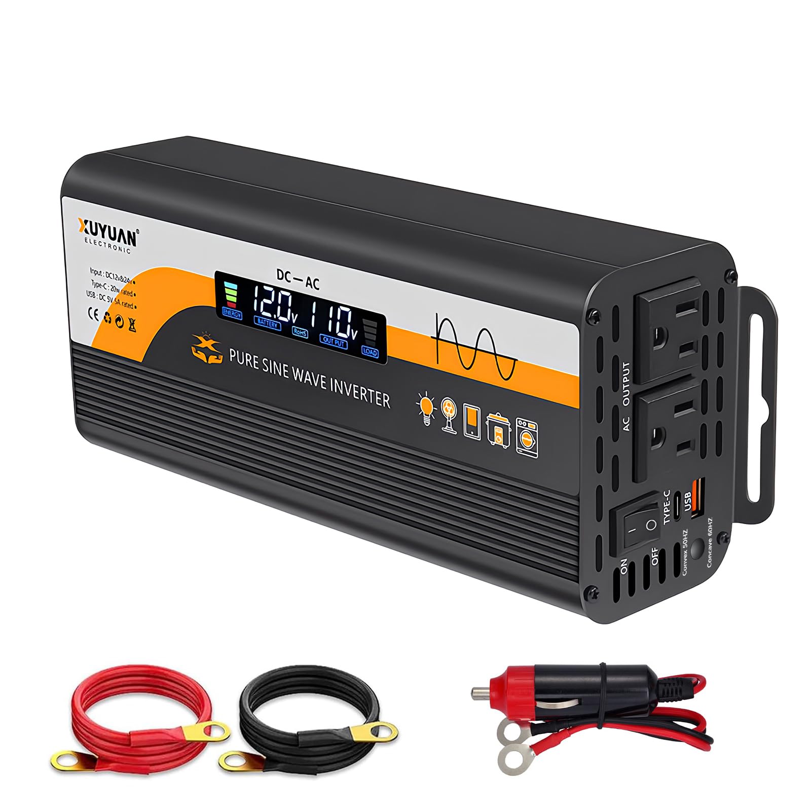 純正弦波インバーター 1000W,50Hz/60Hzの出力周波数は自由に選択可能で 12V/24V自動対応→AC100/110V LCDカラー画面 バッテリー逆接続保護 TYPE-C急速充電 無音設計 過負荷・過熱保護 車載/家庭/アウトドア用 (黒い, 1000W)