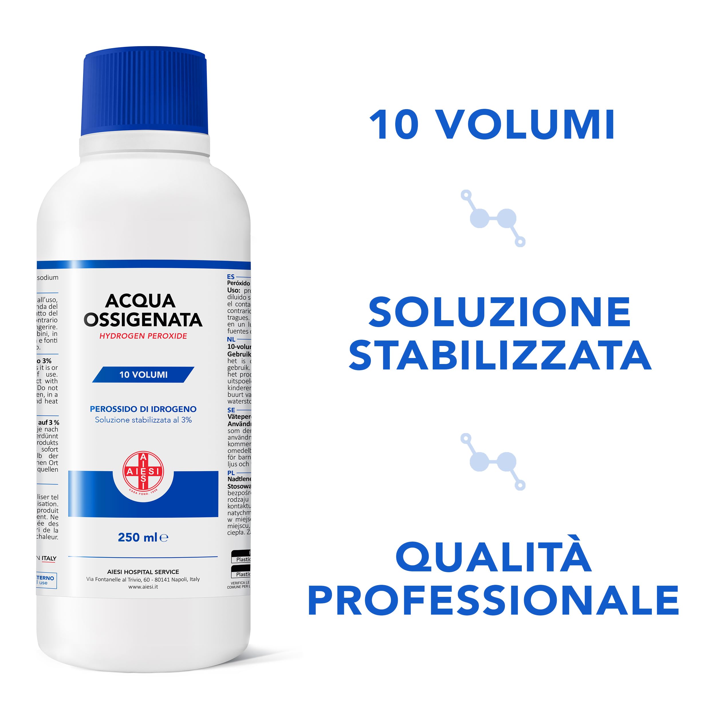 AIESI® Eau Oxygénée Ph.Eur. désinfectant (12x250 ml) avec bouchon de sécurité pour enfants, Made in Italy