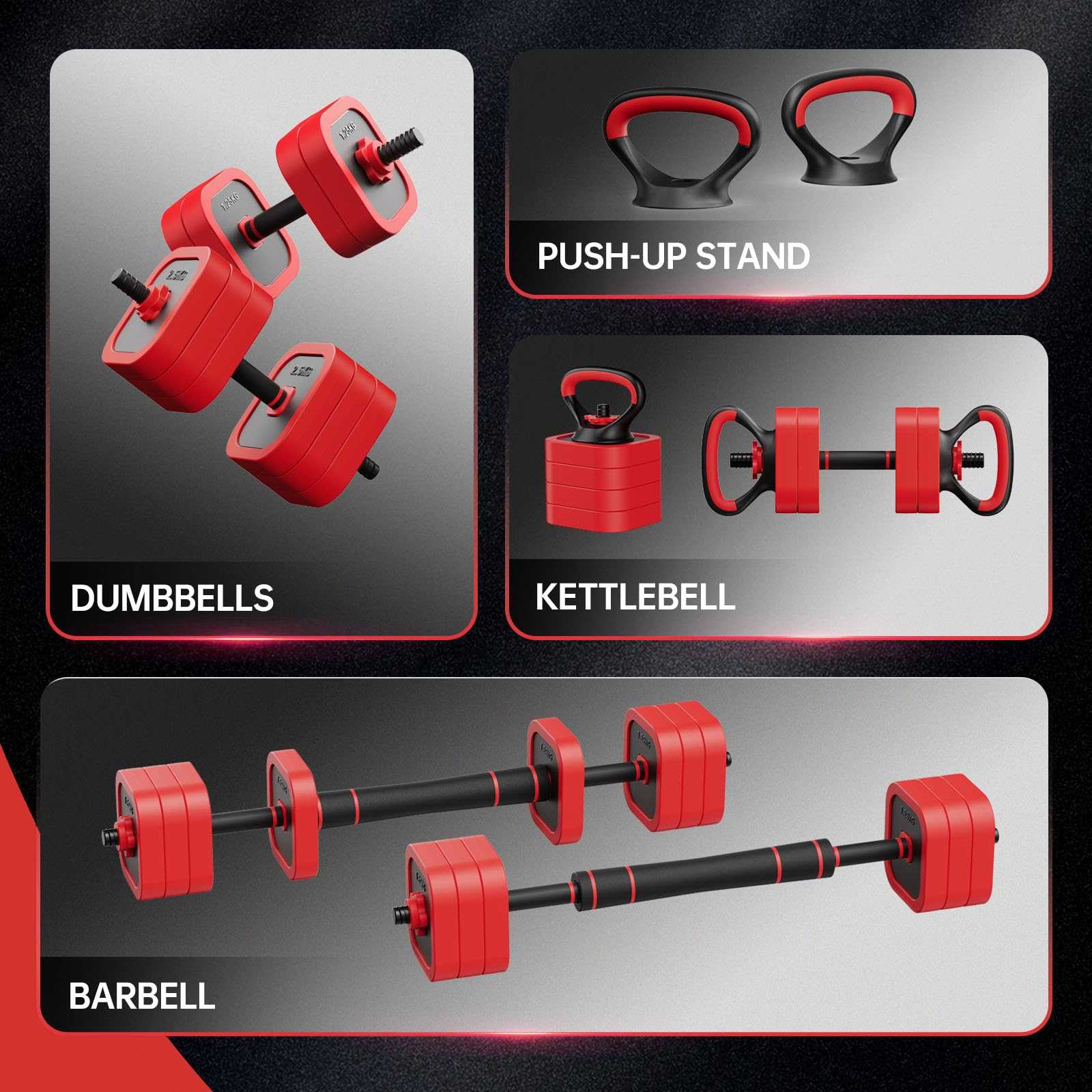 JOROTO Regulowany zestaw hantli 10 kg / 30 kg, hantle 4 w 1, sztanga, kettlebell i stojak push-up, 8 x 1,25 kg + 8 x 2,5 kg, żelazne talerze piaskowe, antypoślizgowy uchwyt, kompaktowy do domowej