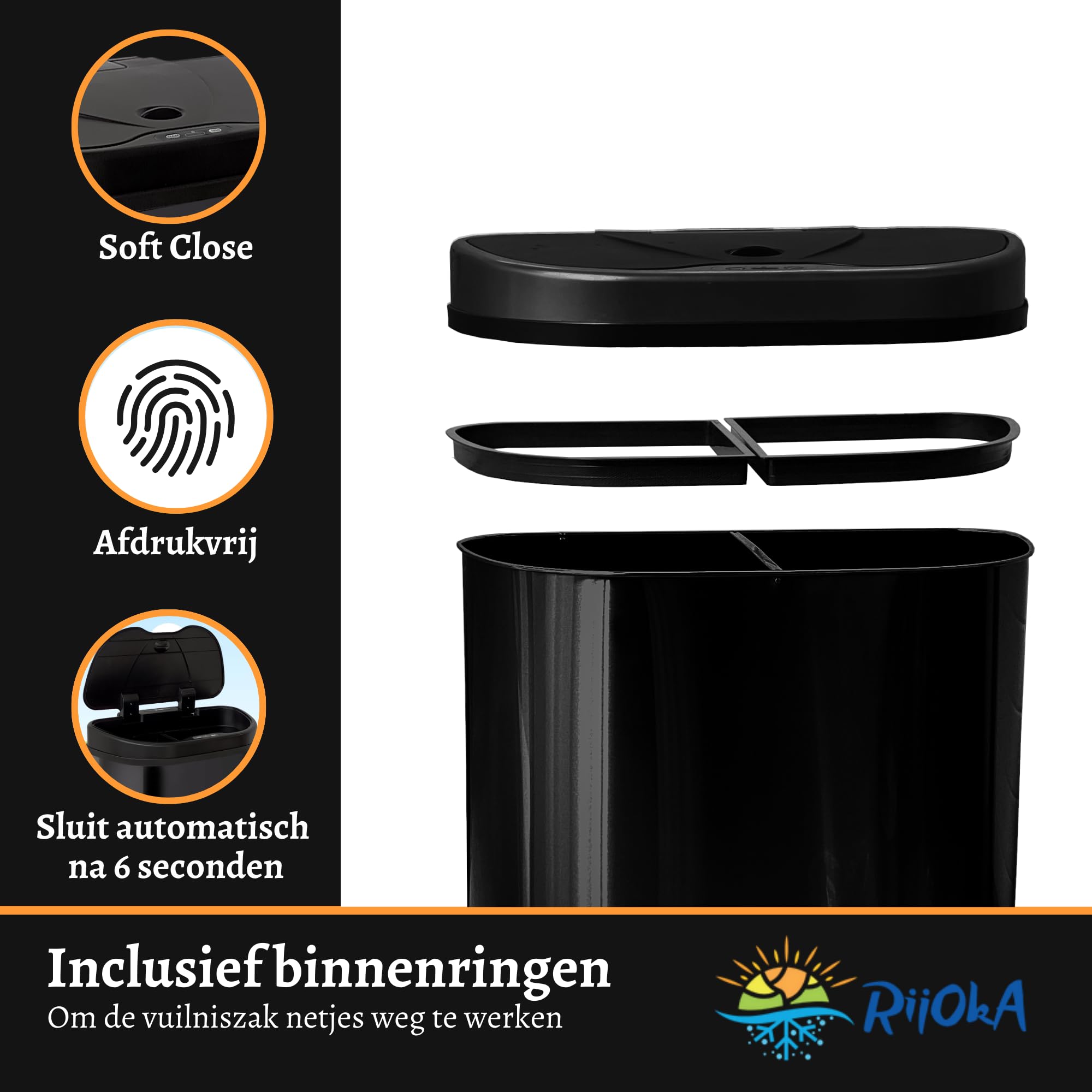 Papelera con Sensor Doble – 70 Litros – 2x35Litro – Acero inoxidable – Cierre suave – Sin huellas dactilares – Diseño Moderno – Negro