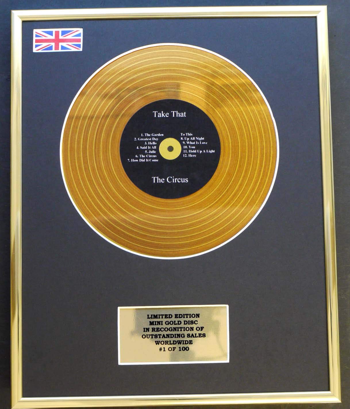 TAKE THAT/MINI GOLD DISC DISPLAY/LIMITED EDITION/COA/NEVER FORGET: THE ULTIMATE COLLECTION, 30L x 24W cm