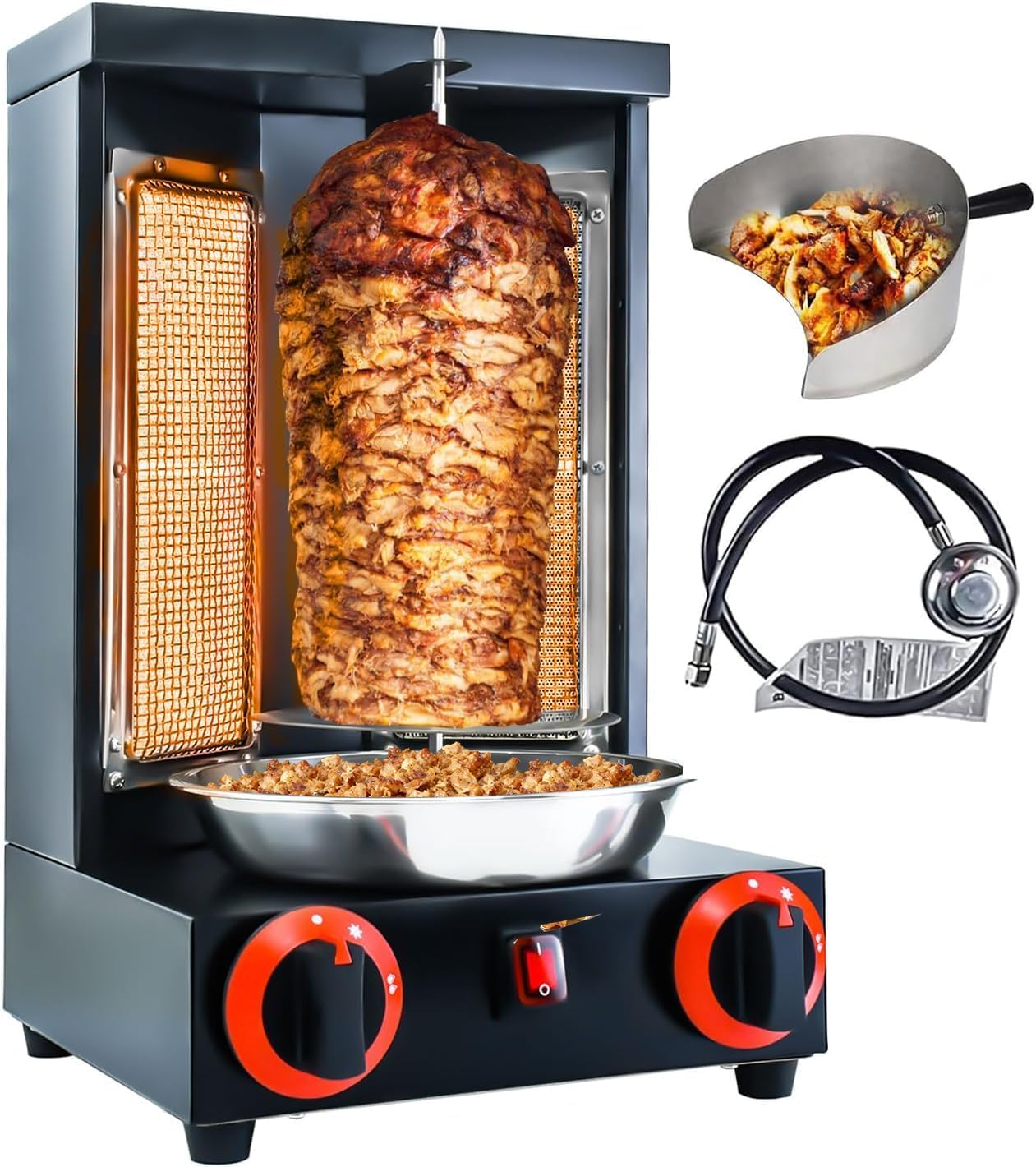 Shwarma Grill Gas Vertical Doner Kebab Machine - Turkish Kebab and Grilled Chicken With 2 Burner and Meat Catch Pan, Black (Registered Design Patent)