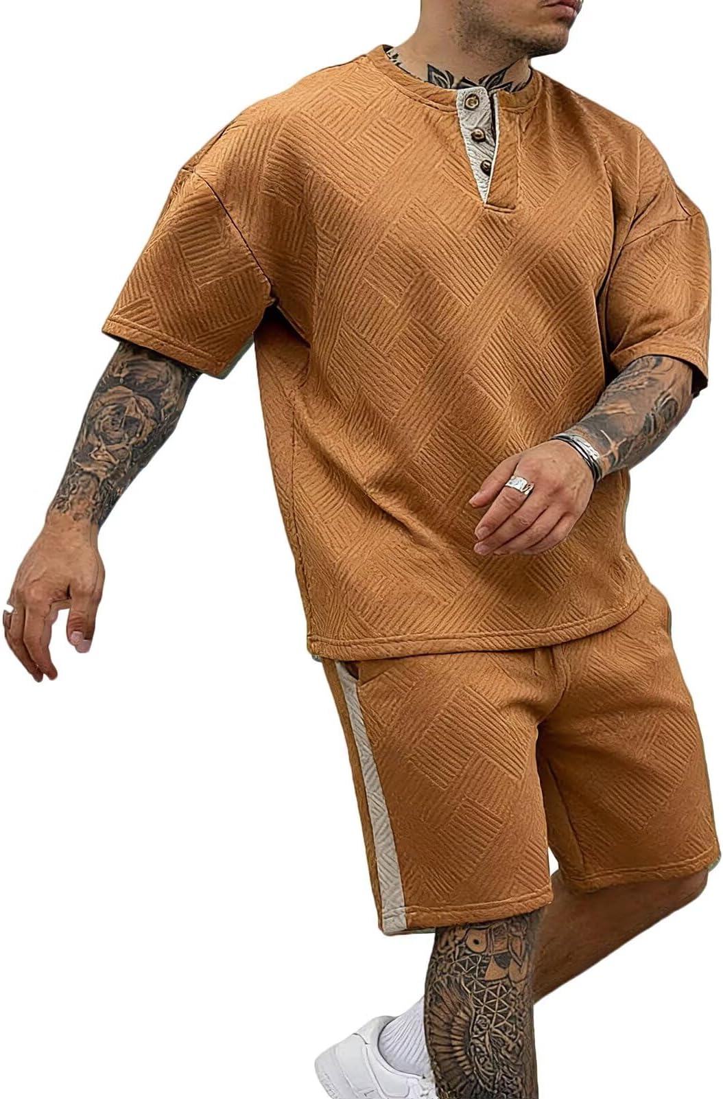 – Mens 2 Piece Tracksuit Set Jacquard Henley Shirt Short Sets Casual Jogging Suits Summer Matching Sets