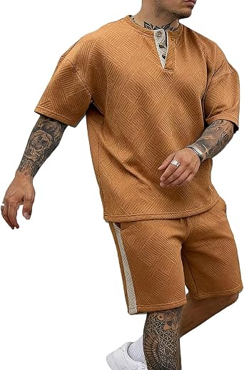 Mens 2 Pieces Outfits Henley Shirt and Short Sets
