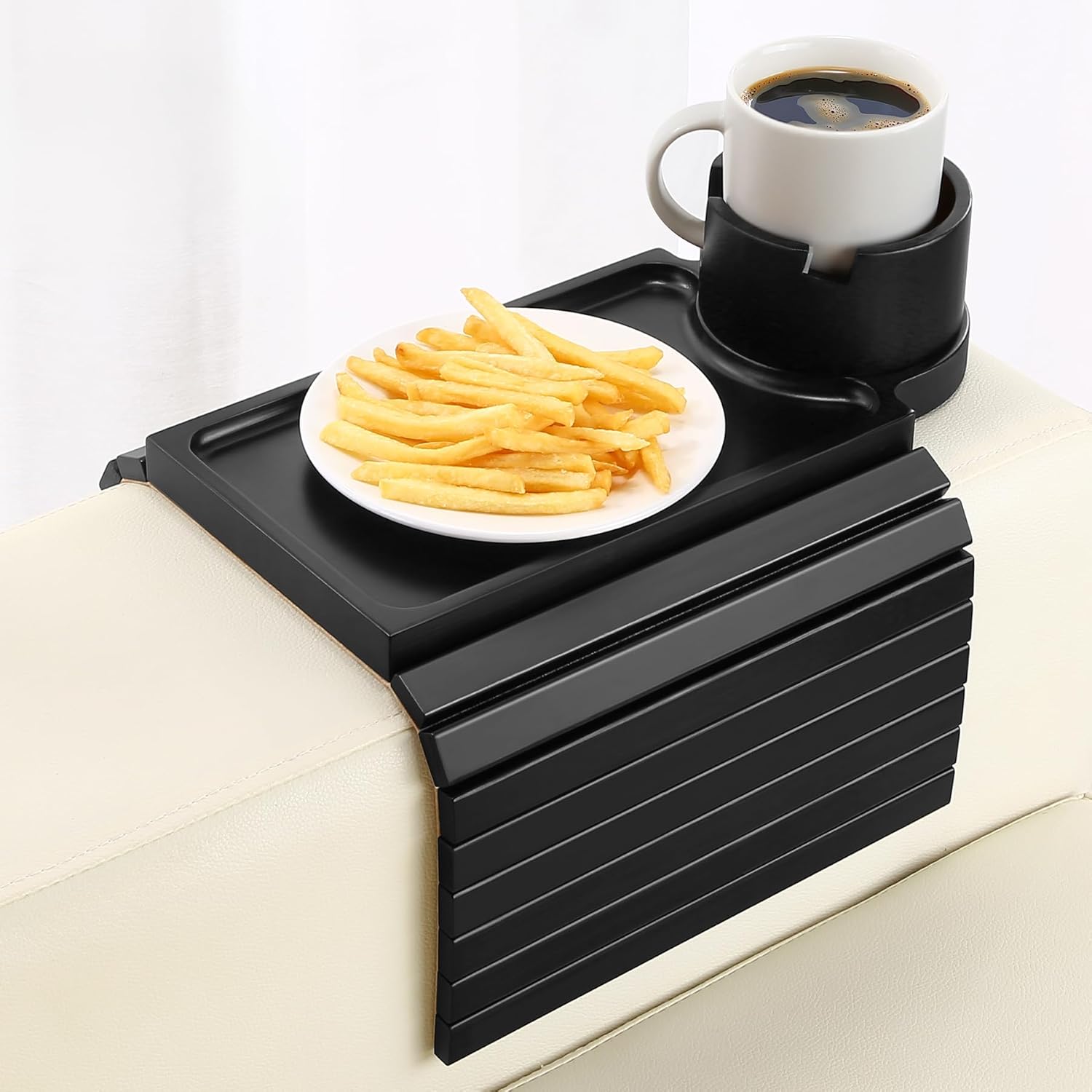 SINWANT Couch Cup Holder Tray,Foldable Sofa Arm Clip on Tray Table with 360° Rotation Cup Holder,Bamboo Anti-Slip Couch Armrest Table for Coffee Cup,Water Bottles,Mug,Snacks,Remote on Large Armrest