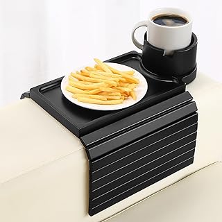 SINWANT Couch Armrest Table,Bamboo Folding Couch Cup Holder Tray,Black