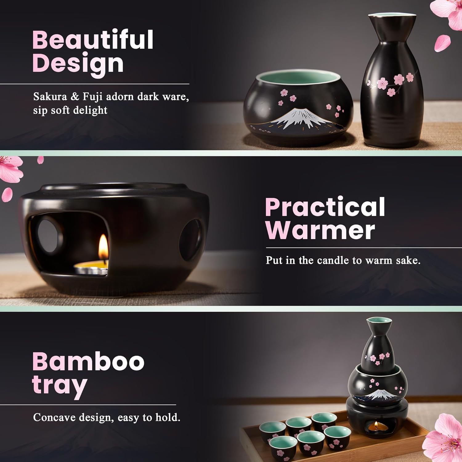 DUJUST 10 pcs Japanese Sake Set with Warmer for 6, Sakura & Fuji Design Porcelain Sake Set, 6 Sake Cups, 1 Bottle, 1 Warmer, 1 Candle Stove, 1 Tray & 1 Box, Warm Sake Carafe, Japanese Gifts - Black