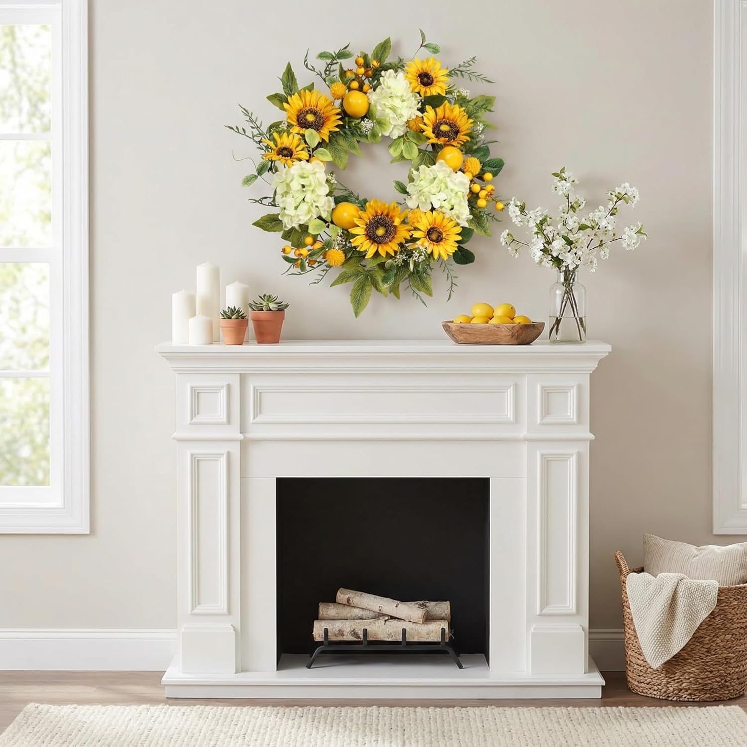 Sunflower Wreath with Hydrangeas, Lemons, Big Berry,Summer Wreath for Front Door, Unique Housewarming Gift,mother'day Gift,Farmhouse Porch Decor, Wall Decor-22IN