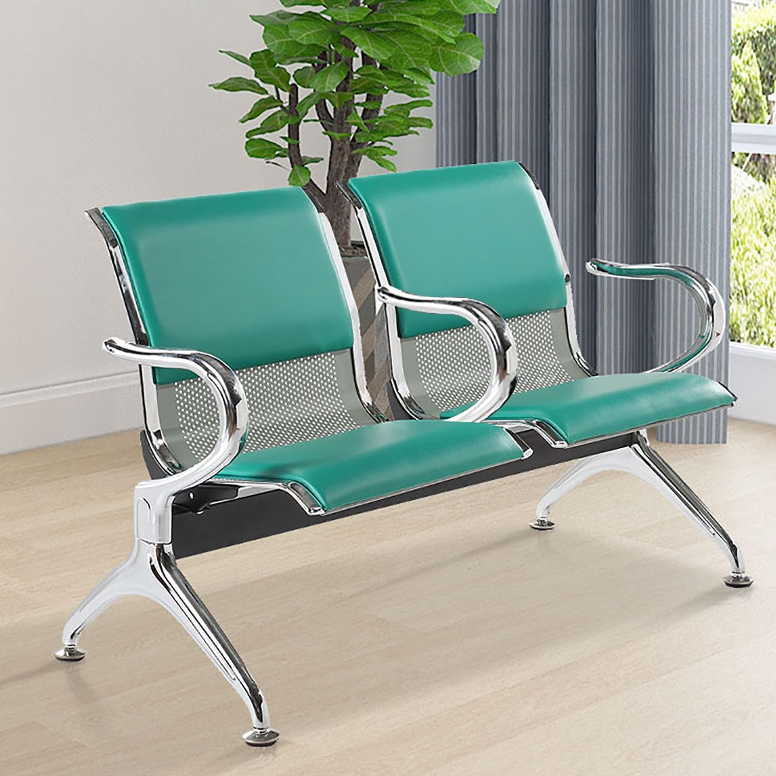 SaryEdge 2-Seat Chairs and Bench Set, Steel Frame Reception Bench with Armrests & Backrests for Airport, Bank, Market, School Seating Solutions,