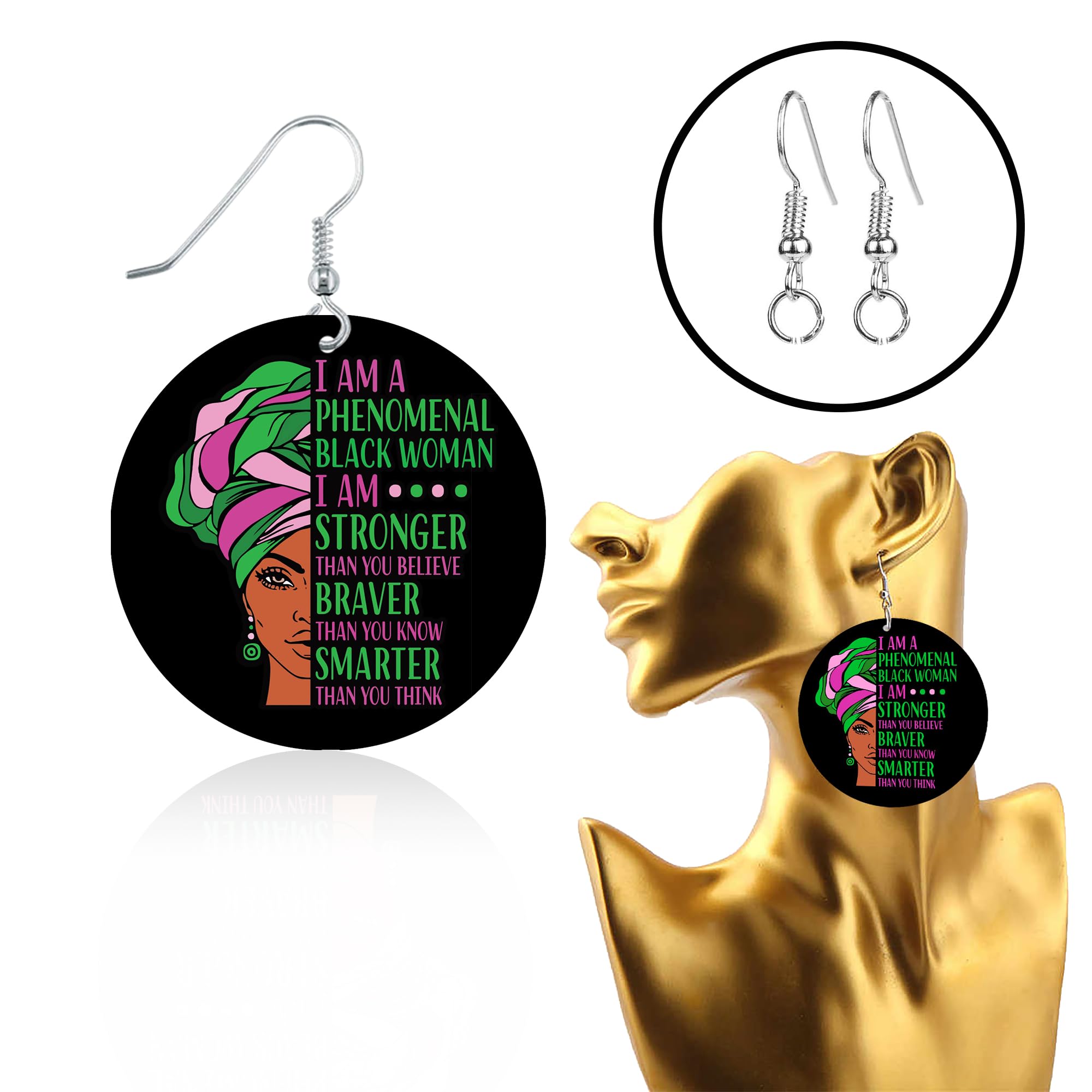 MIRACLE PRINTSPhenomenal Woman (Doubled Sided) - Afrocentric Jewelry- Wooden African Earrings- Black Girl Magic- Afro Woman Earrings- Afrocentric jewelry, Alloy Steel, plastic, Alloy Steel, plastic