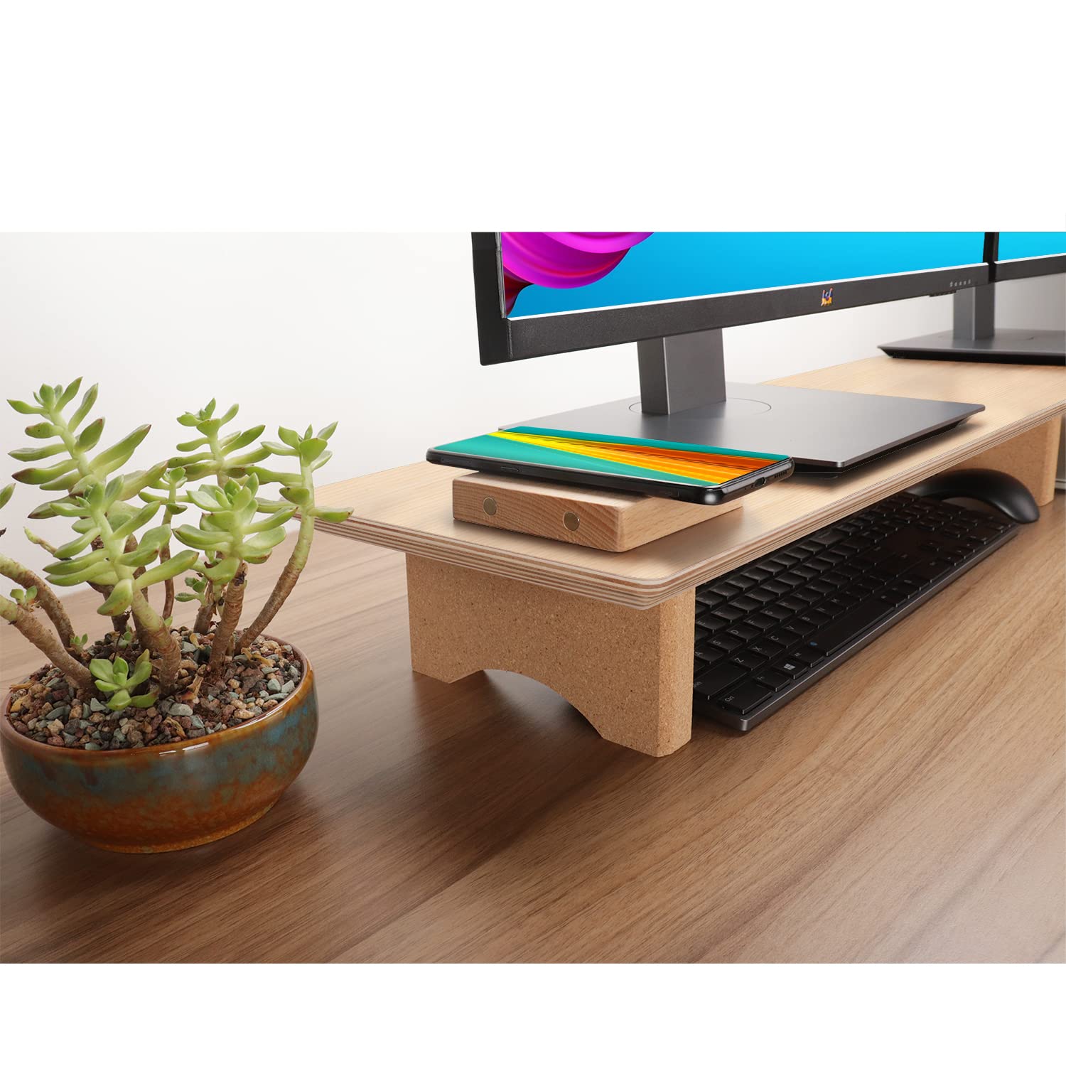 Aothia Large Dual Monitor Stand Riser, Solid Wood Desk Shelf with Eco